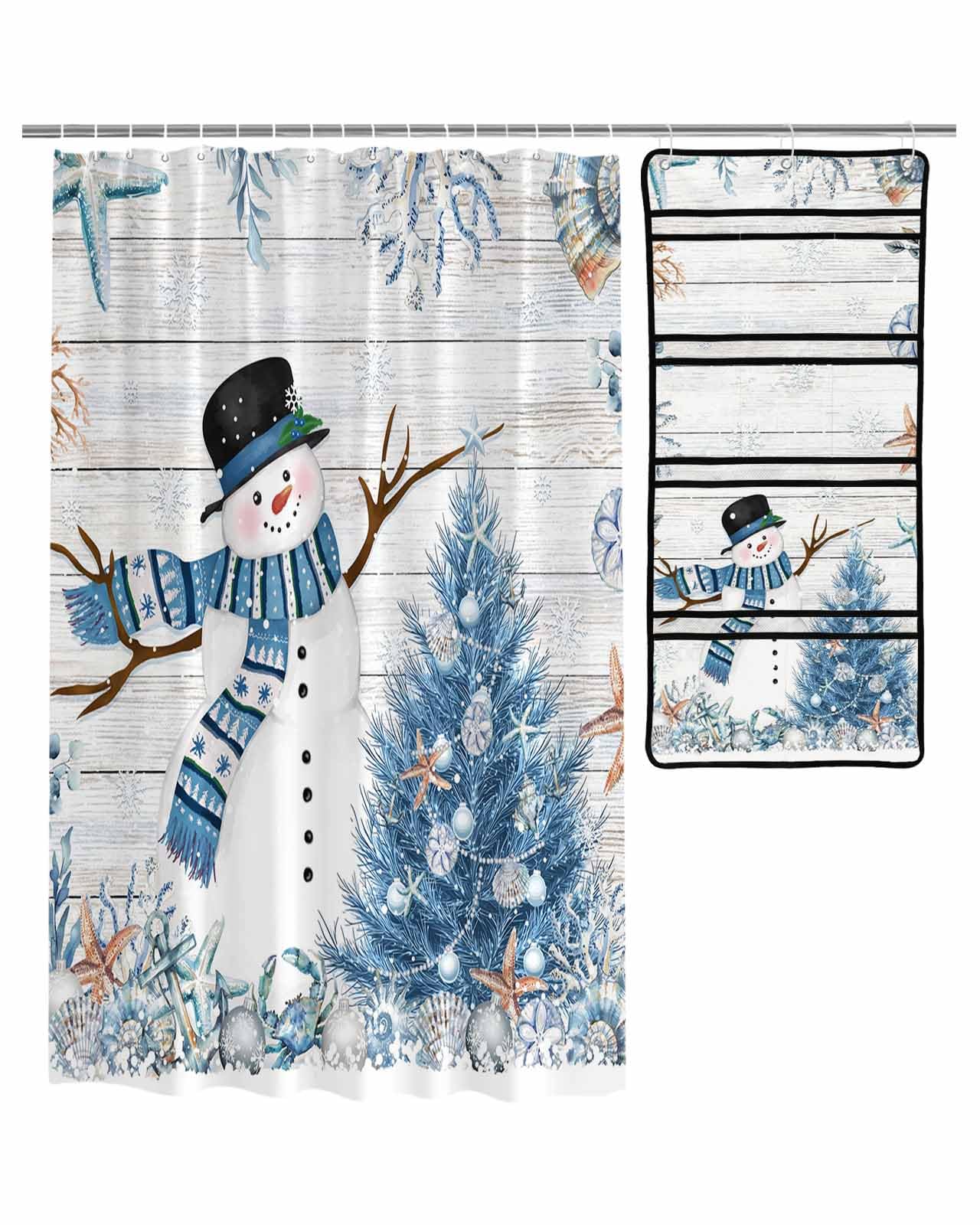 Decorative Shower Curtain Sets Christmas Blue Snowman Fabric Shower Curtains Winter Xmas Tree Starafish Coral Snowflake Gray White