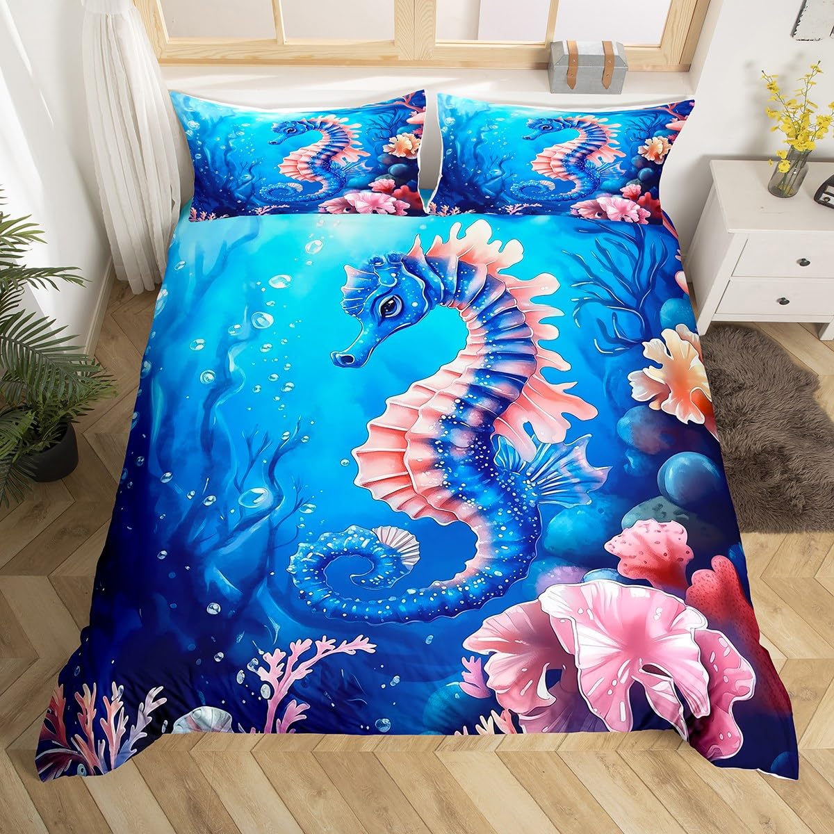 Housse de couette hippocampe 3 pièces monde sous-marin très grand lit