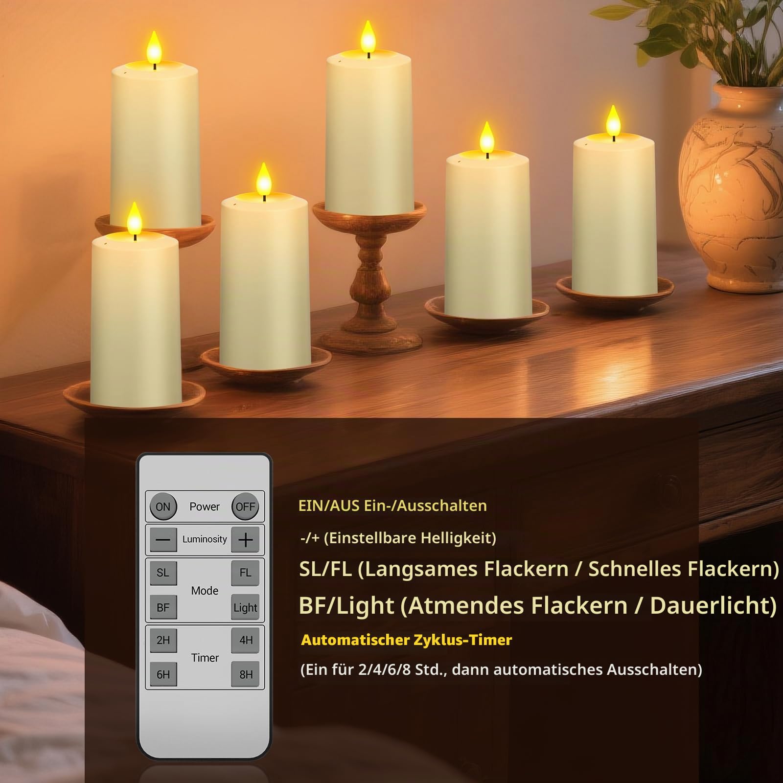 PChero 4er Set LED Kerzen Aufladbar mit Fernbedienung & Ausblasfunktion | Elektrische Wiederaufladbare Kerzen mit Timerfunktion, 90–200 Std. Laufzeit, LED Stumpenkerzen, Halloween Weihnachten Deko