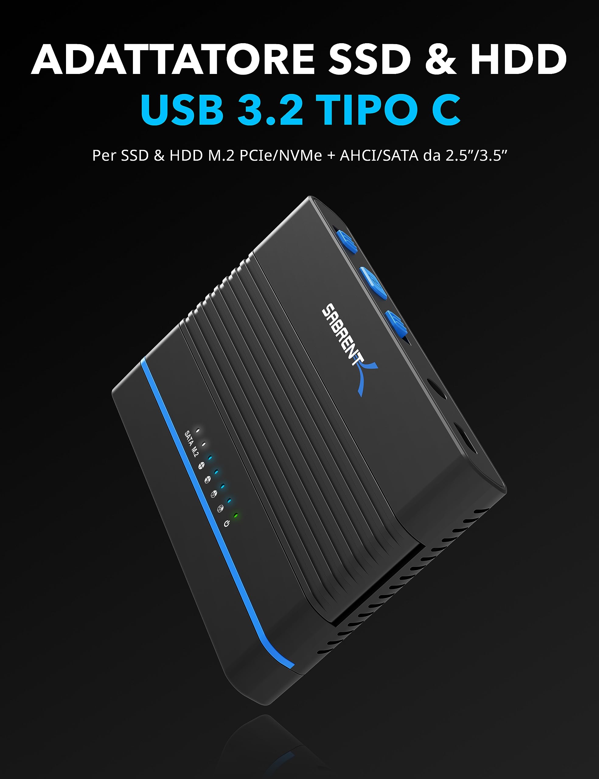 SABRENT Cabinet USB-C per M.2 NVMe e disco rigido SATA da 2,5" e 3,5", convertitore SSD HDD e M2, dock 2242, 2260 e 2280 con clonazione offline + alimentatore, cavi USB C + A inclusi (DS-UCMH)