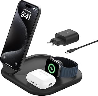 Belkin MagSafe Charger, BoostCharge 3-in-1 Qi2 Magnetic Foldable Charger 15W Fast Charger for Apple iPhone15, Apple Watch, AirPods with Non-Slip Base, Power Supply Module - Black