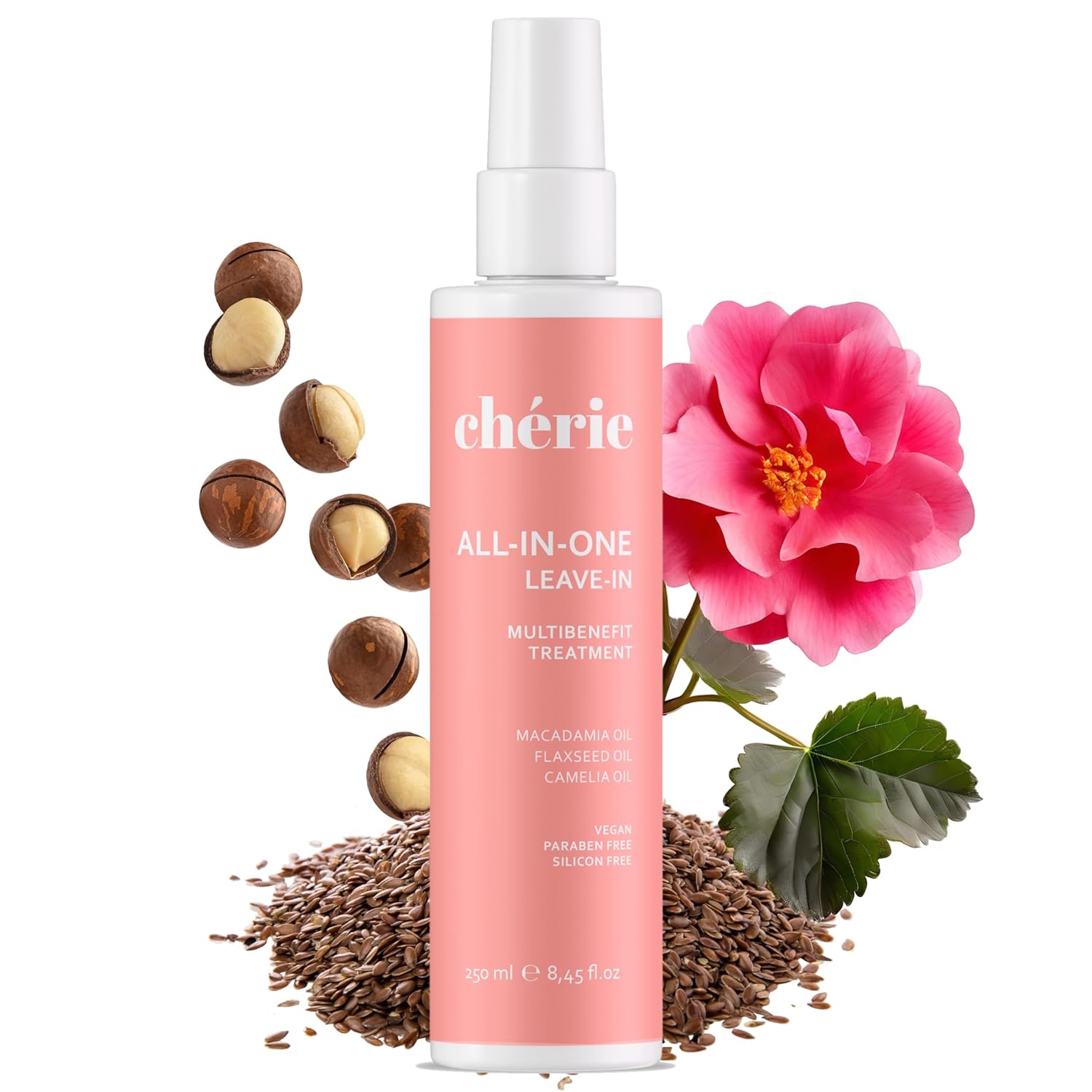 chérie Leave In Conditioner Spray with Macadamia, Flaxseed & Camellia Oil - Lightweight Hair Detangler for Women & Men - 8.45 fl oz, Acondicionador Sin Enjuague, Desenredante para Todo Cabello | Lightweight, Hair Detangler, Leave-in