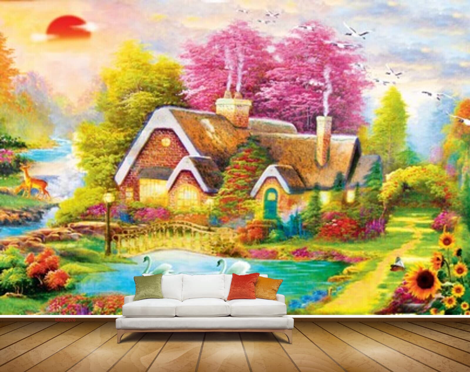 Beibehang BVE2876 Green Cranes Lake Painting Pond Sun Trees Water Lamps Pink Birds House Bridge Deers Leaves.j HD 3D Wall Sticker[7 ft x 4 ft] / [213 cm x 122 cm]