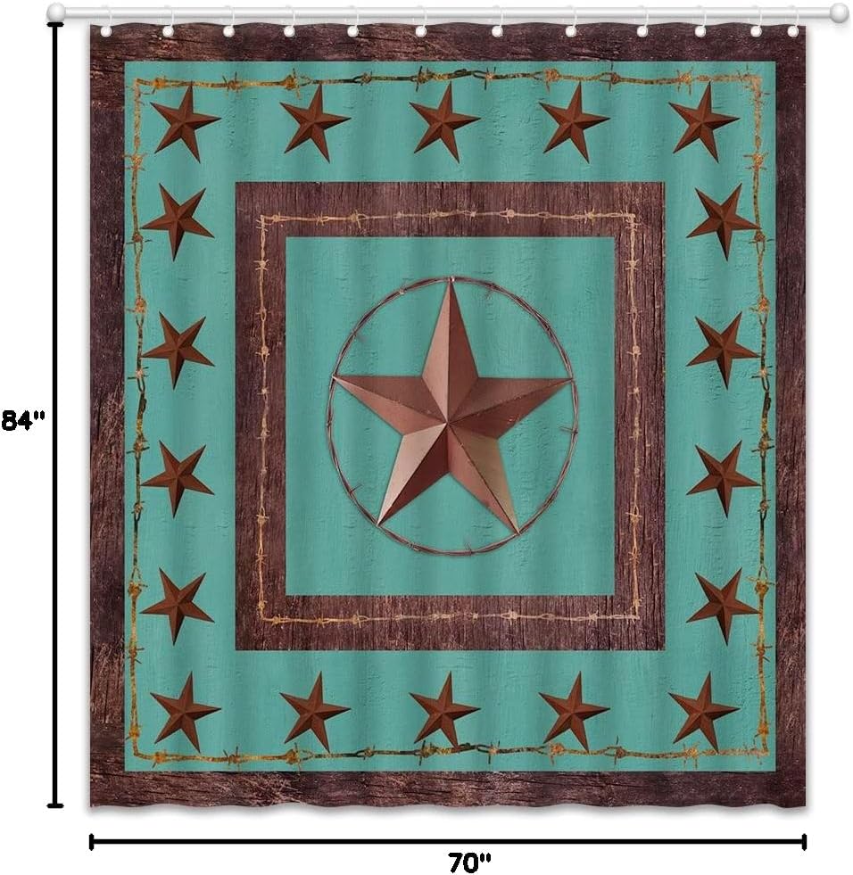 Texas Shower Curtain Western Texas Star Rustic Wooden Barn Door Teal Brown Country Farmhouse Bathroom Decor Curtains Polyester with Hooks