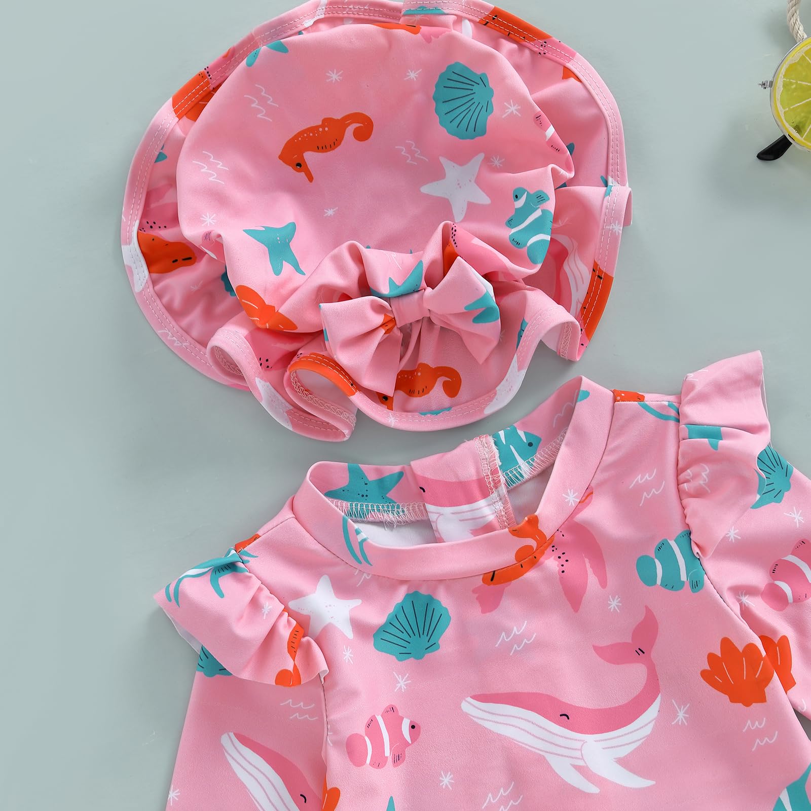 KMBANGI Toddler Baby Girl Cherry Swimsuit with Hat Striped Long Sleeve Rash Guard One Piece Bathing Suit Beach Essentials (Pink, 12-18 Months)