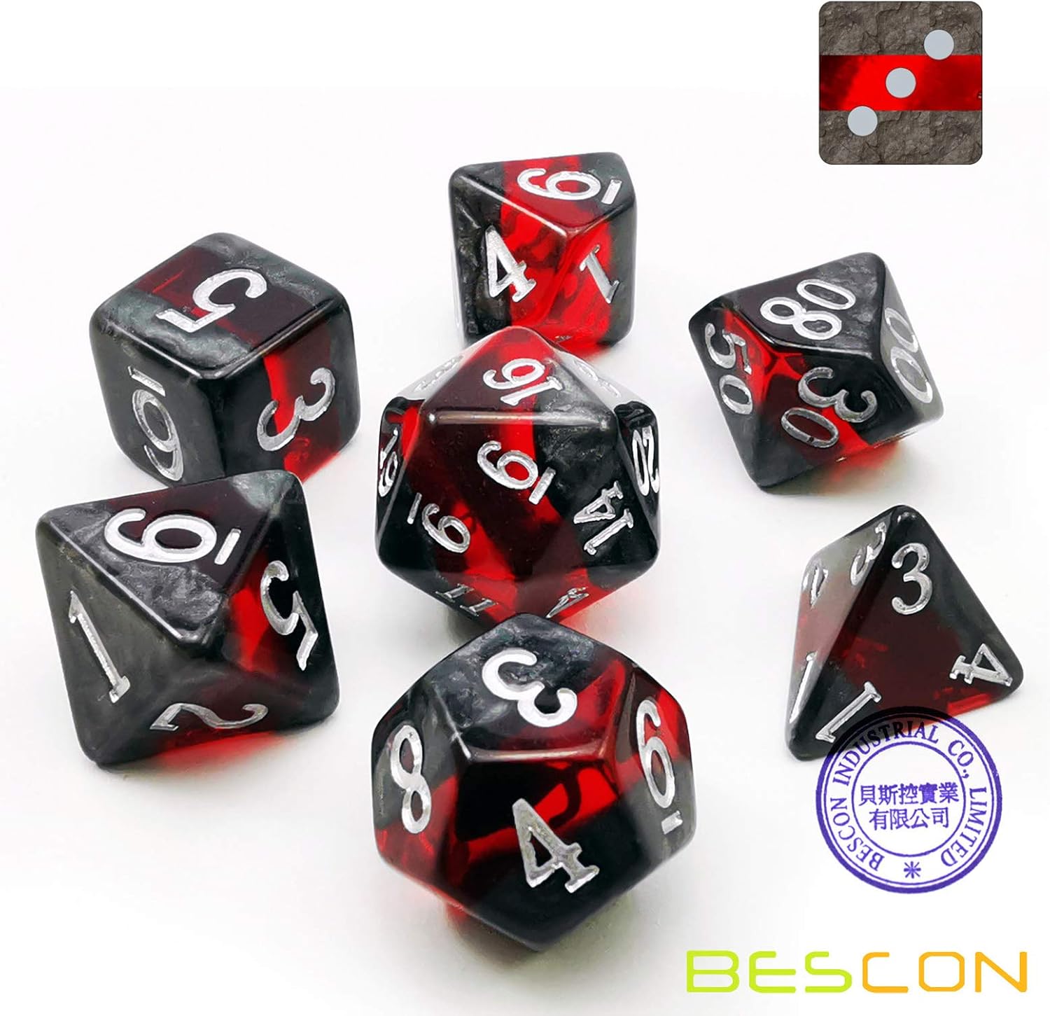 Bescon Mineral Rocks GEM Vines Polyhedral D&D Dice Set of 7, RPG Role Playing Game Dice 7pcs Set of Ruby