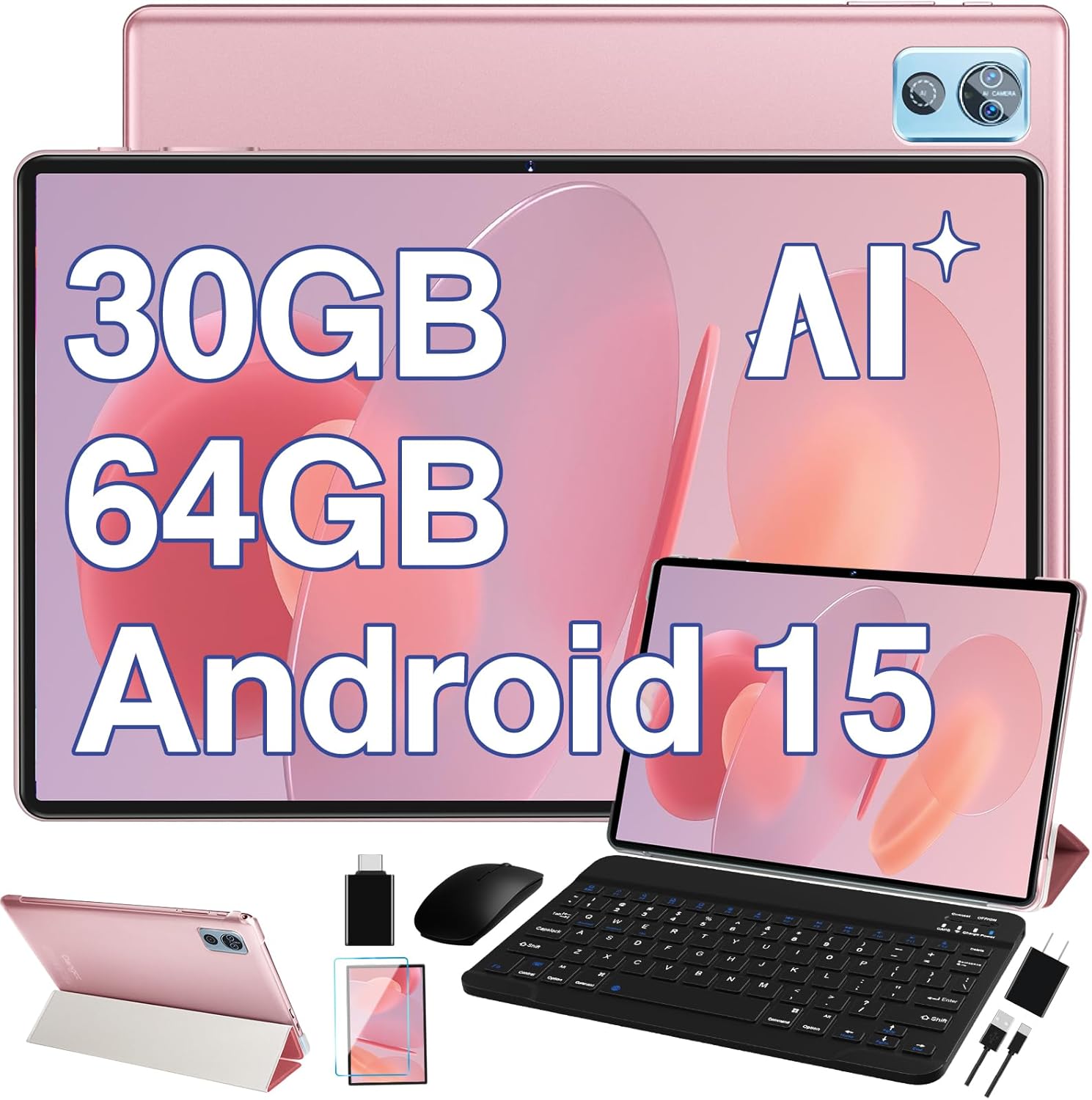 2025 Latest Tablet 10 inch Android 15 Tablets with Keyboard, 30GB RAM 64GB ROM 2.0GHz Octa-Core, Dual Camera, 1TB Expand, Widevine L1, 5G WiFi, BT 5.0, 2 in 1 Tableta PC (Rose Gold/Pink) E15 with keyboard Rose Gold - Image 1 of 7