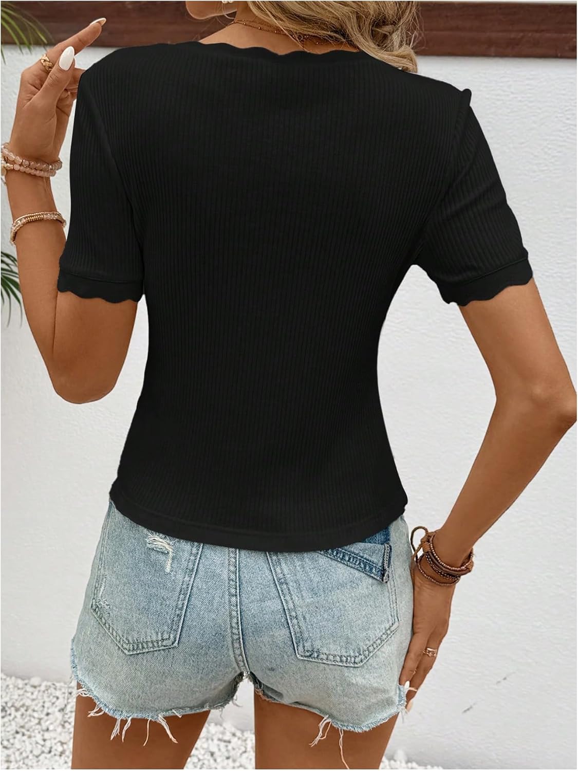 SweatyRocks Women's Summer Square Neck Short Sleeve T Shirts Ribbed Knit Slim Fit Scallop Trendy Basic Top - Image 2
