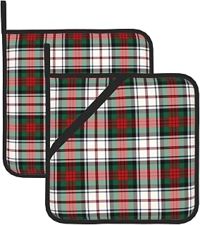 Pot Holders Set of 2, Clan Macduff Dress Tartan Green and Red Plaid Heat Resistant Kitchen Non Slip for Women Men Cooking Barbecue Baking Microwave BBQ