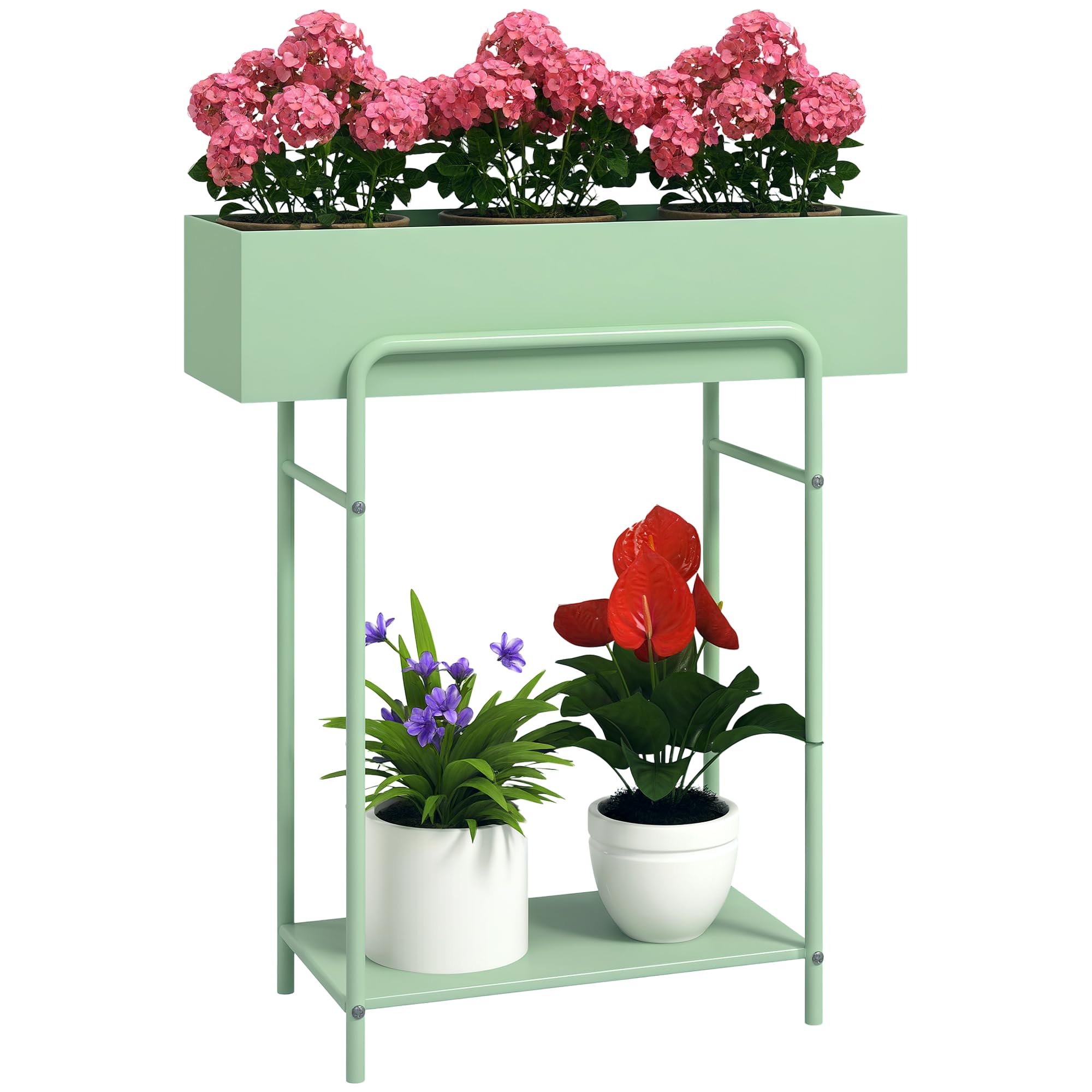 B&Q -  2 Tier Plant StandMetal Plant Rack With Drain HolesGreen