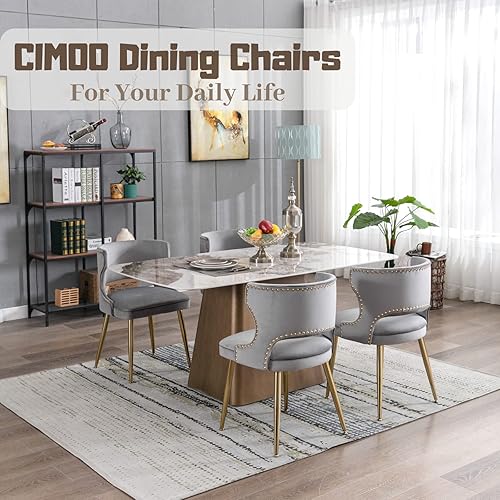 Miniatura 34 de Juego de 4 sillas de comedor de terciopelo beige con patas doradas, juego de 4 sillas de comedor modernas de mediados de siglo con respaldo de