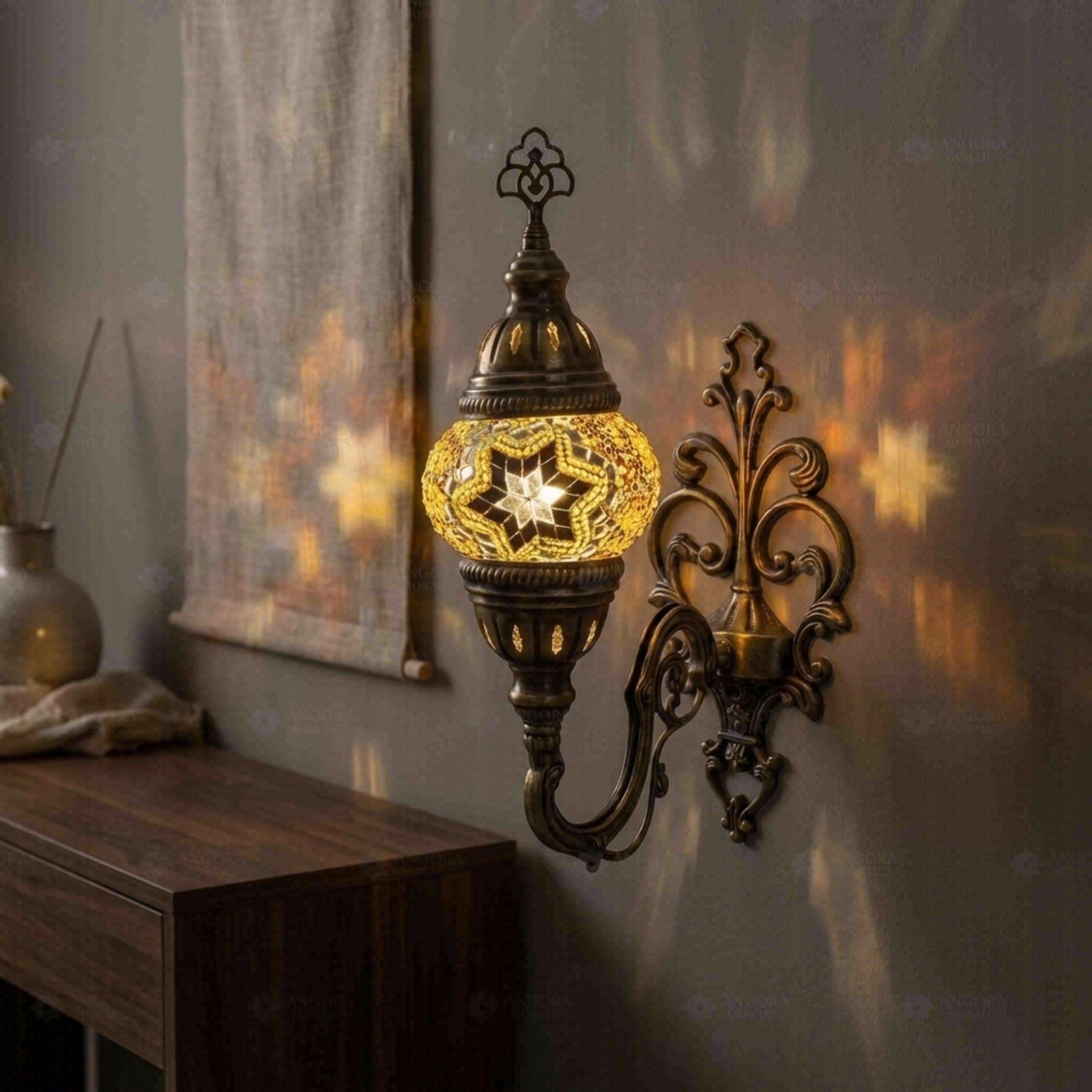 Turkish Mosaic Wall Sconce - Amber Star Pattern - Handmade Moroccan Wall Lamp - Antique Brass Fixture - Boho Wall Light