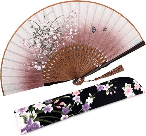 Miniatura 19 de Amajiji - Abanico plegable de seda y bambú, 8.27 pulgadas (21 cm), estilo retro, vintage, elegante y encantador, chino/japonés, regalo para mujeres