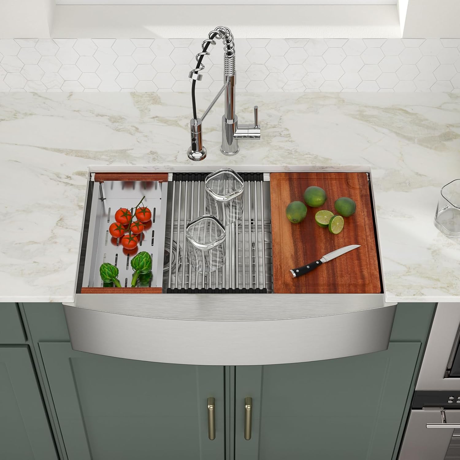 Logmey 33 Inch Farmhouse Sink Double Bowl 50/50 Sink 33x21 Inch Stainless Steel Apron Front Kitchen Sink Ledge Workstation Low Divide Double Bowl 50/50 16 Gauge Farm Kitchen Sinks
