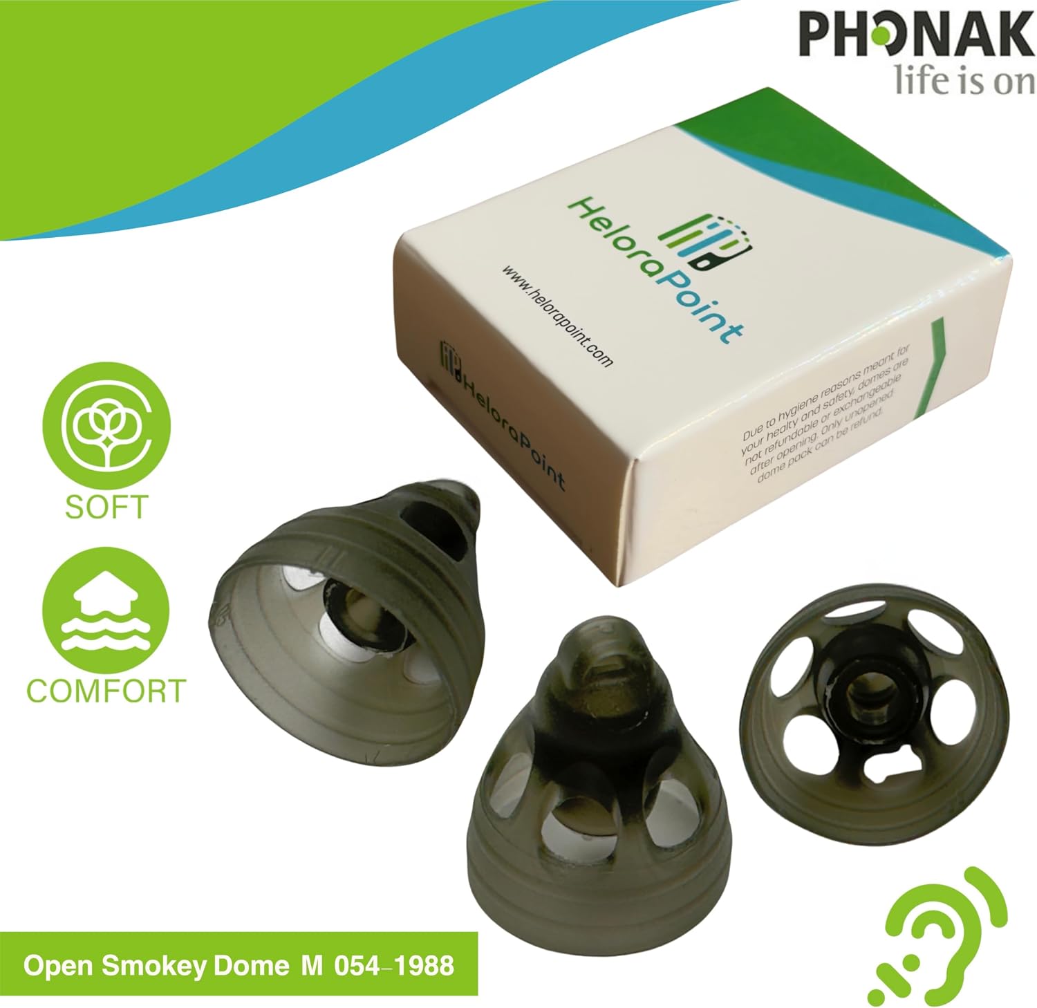 Open Smokey Hearing Aid Domes 4.0 – Medium Size (M) – 10 Domes in 1 Pack – Compatible with Marvel, Paradise, Lumity RIC Devices – Original Replacement Tips for Phonak(054-1988)