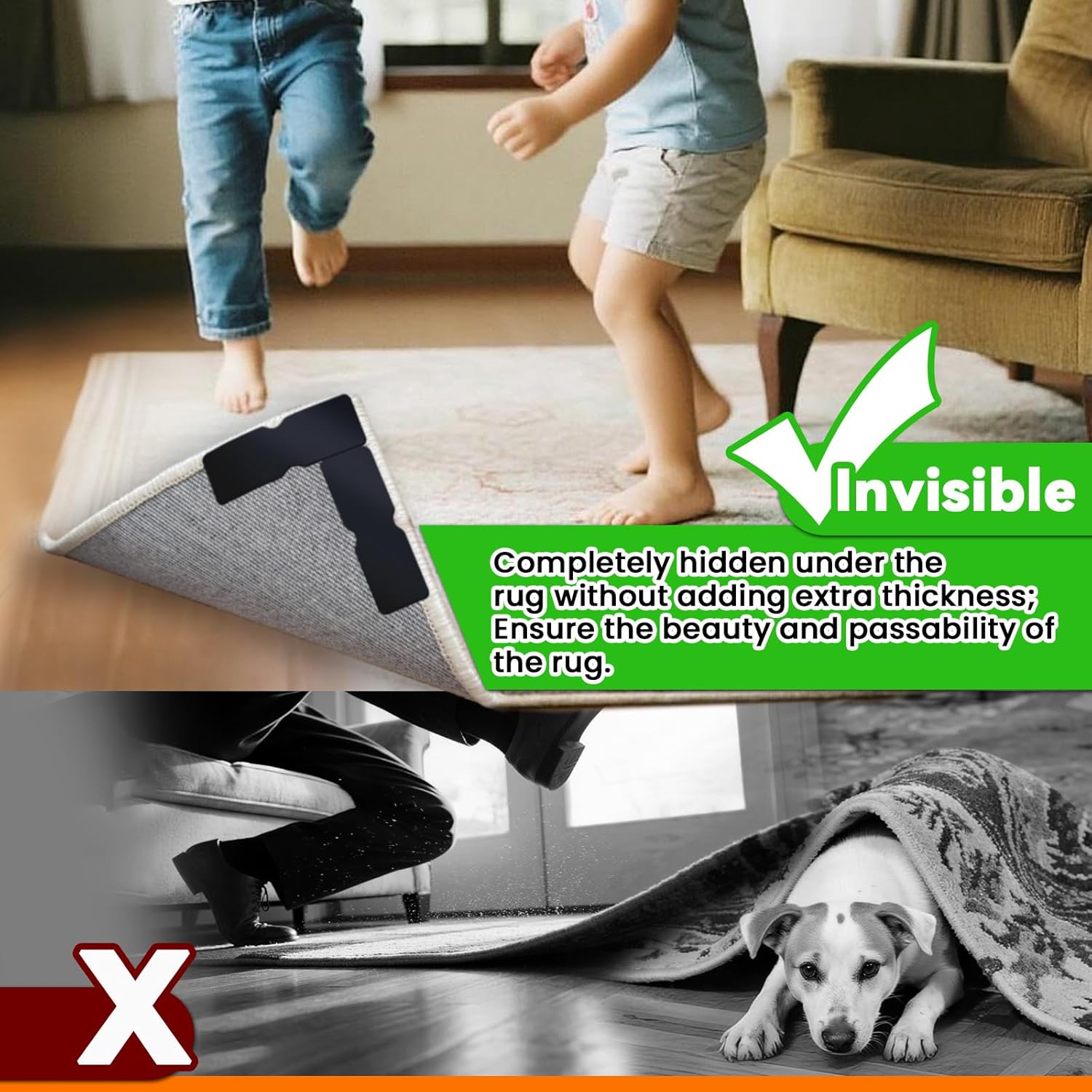 Rug Non Slip Grippers, Reusable Rug Tape Pads for Hardwood Floors, Laminate Floor, Tiles, No Residue on Flooring, Strong Adhesive Carpet Tape for Area Rugs, Keep Corners Flat (24)
