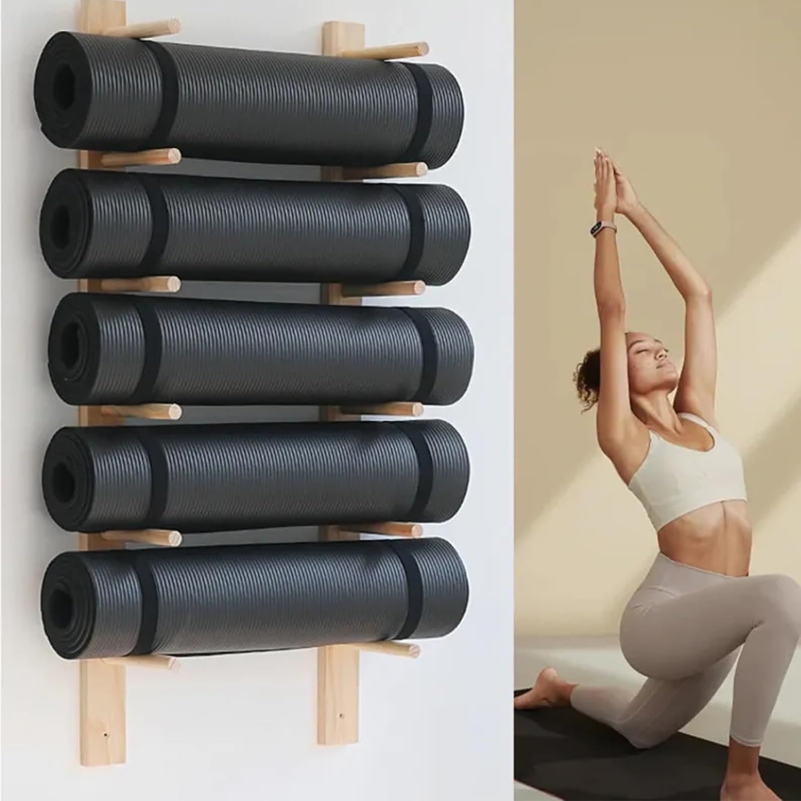 Support mural tapis de yoga étagère en bois noble pour rangement de sport