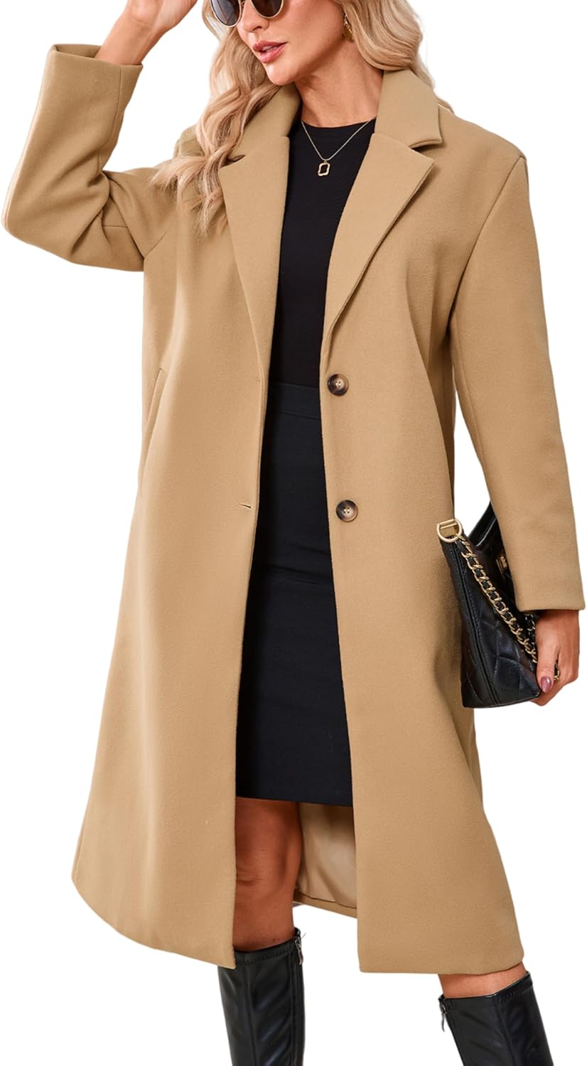 APAFES Womens Wool Coat Notch Lapel Winter Long Single Breasted Peacoat Trench Overcoat