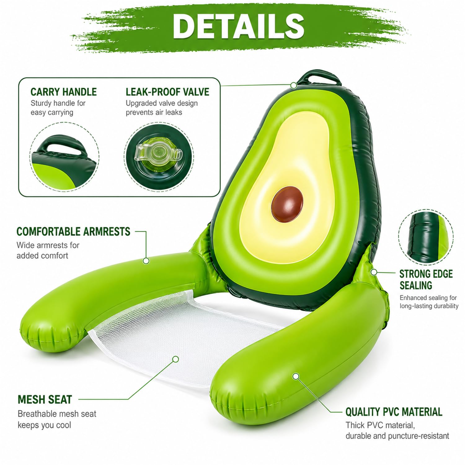 Poltrona Galleggiante Gonfiabile a Forma di Avocado per Piscina, Sedile in Rete con Braccioli, Galleggiante da Acqua per Adulti, Spiaggia, Lago, Party e Relax Estivo