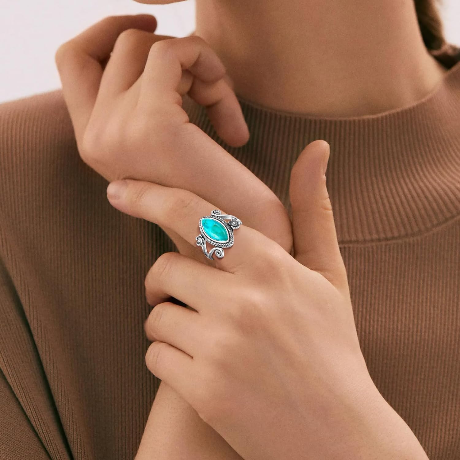 Turquoise Rings for Women 925 Sterling Silver Stacking Ring Vintage Boho Turquoise Statement Rings for Women Birthday Jewelry Gift Size 5-9 - Image 5