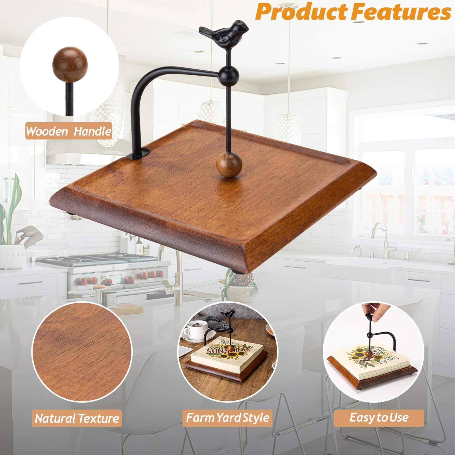 Servilletero para mesa, servilleteros de madera para servilletas de papel, servilletero de cóctel, servilletero plano de madera con brazo pesado y mango en forma de pájaro para cocina, hotel,