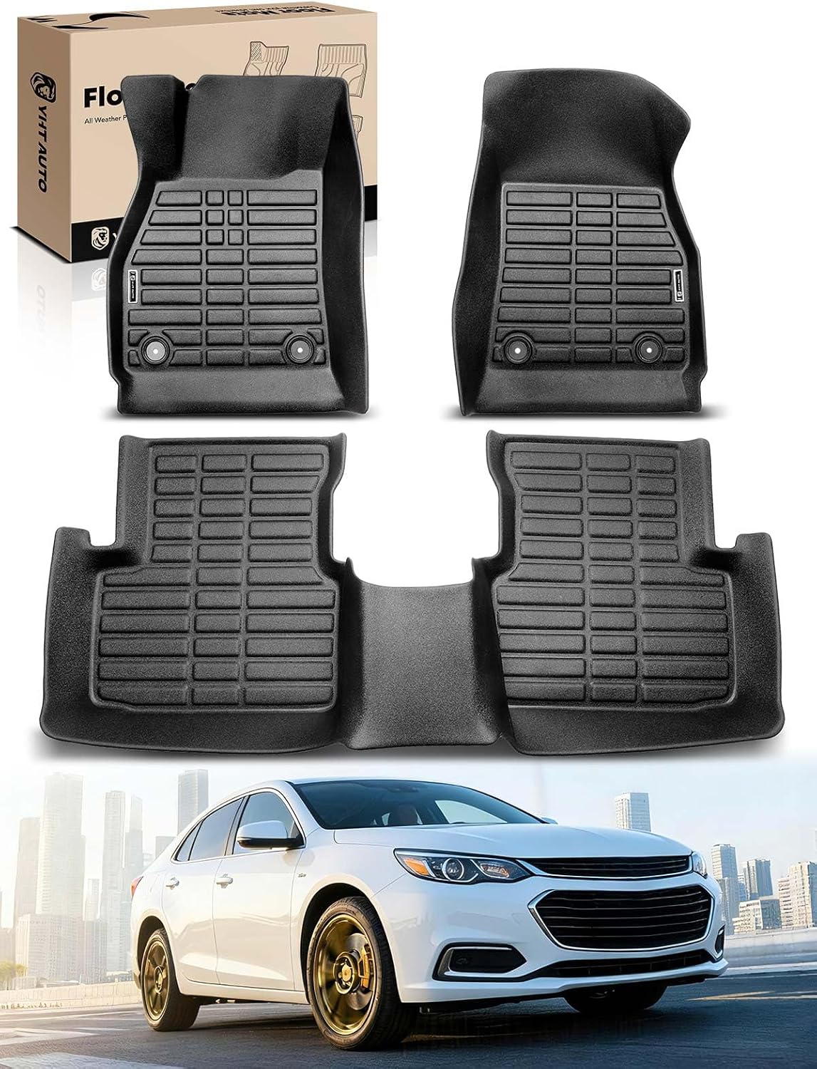 YHTAUTO Automotive Floor Mats Compatible with Chevrolet Malibu 2013-2015, TPE Floor Liners All-Weather Protection Custom Fit, 1st & 2nd Row, Set of 3