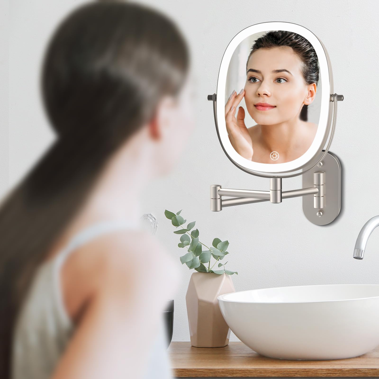 FUNTOUCH Rechargeable Wall Mounted Lighted Makeup Mirror, Oval Double-Sided Mirror 1X/10X Magnifying Mirror,3 Color Lights Touch Screen Dimmable 360°Swivel 13 Inch Extendable,Nickel