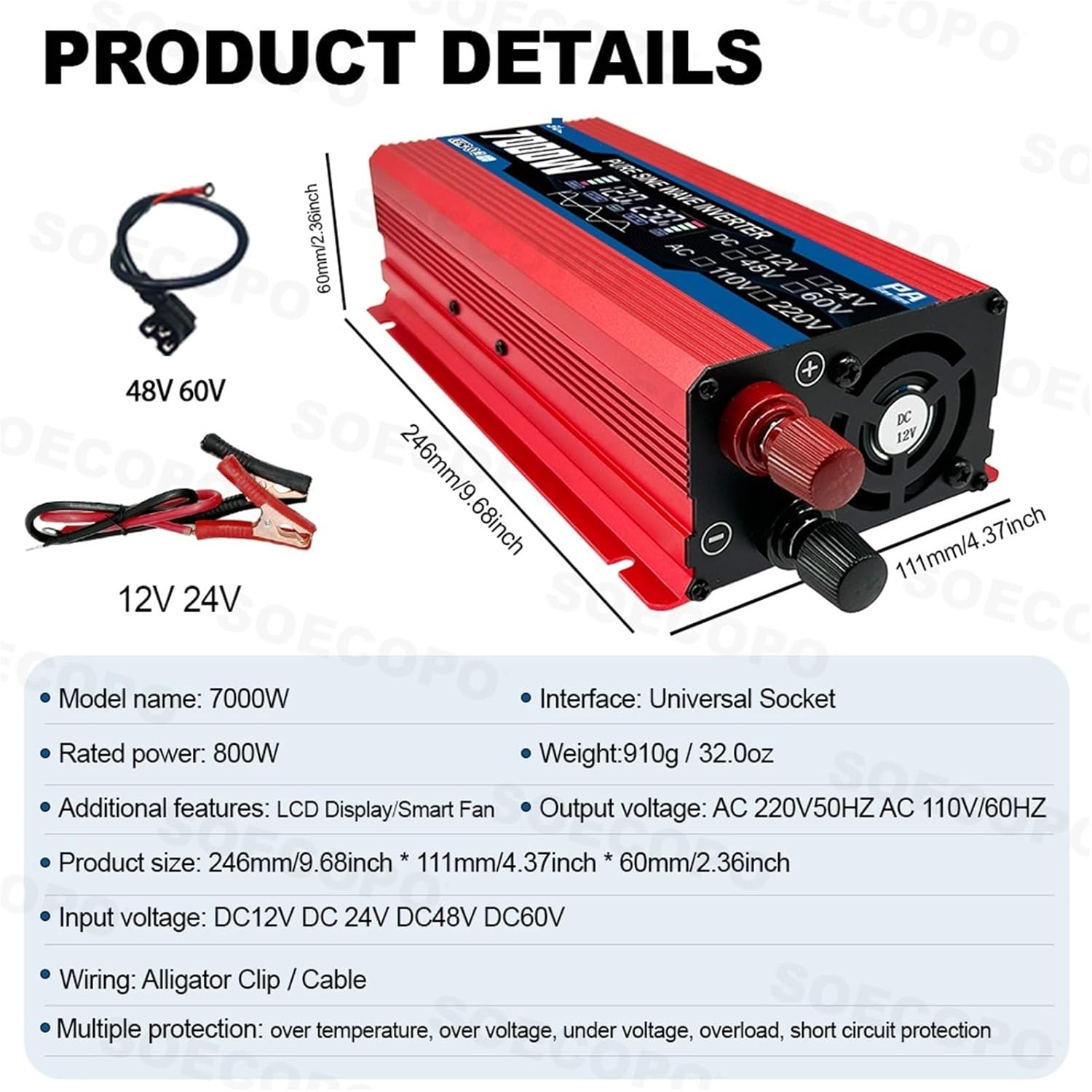 7000W Pure Sine Wave Inverter 12V/24V/48V/60V to 220V Car Voltage Converter Power Adapter for Car Accessories Camping(12V to 220V 50Hz)