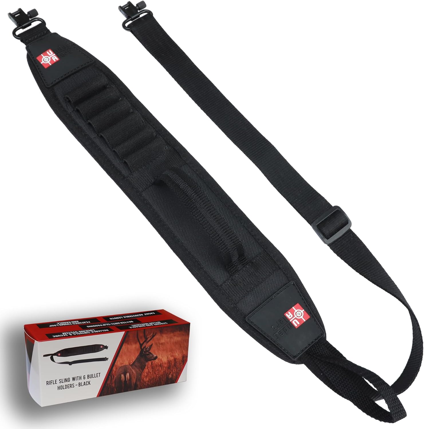 Rifle Sling with Bullet Holders and Swivels, Comfortable Neoprene Padded 2 Point Gun Sling, Adjustable Length Rifle Strap for Ruger 10/22, Savage Axis or Remington 700, Sturdy Hunting Strap, Black