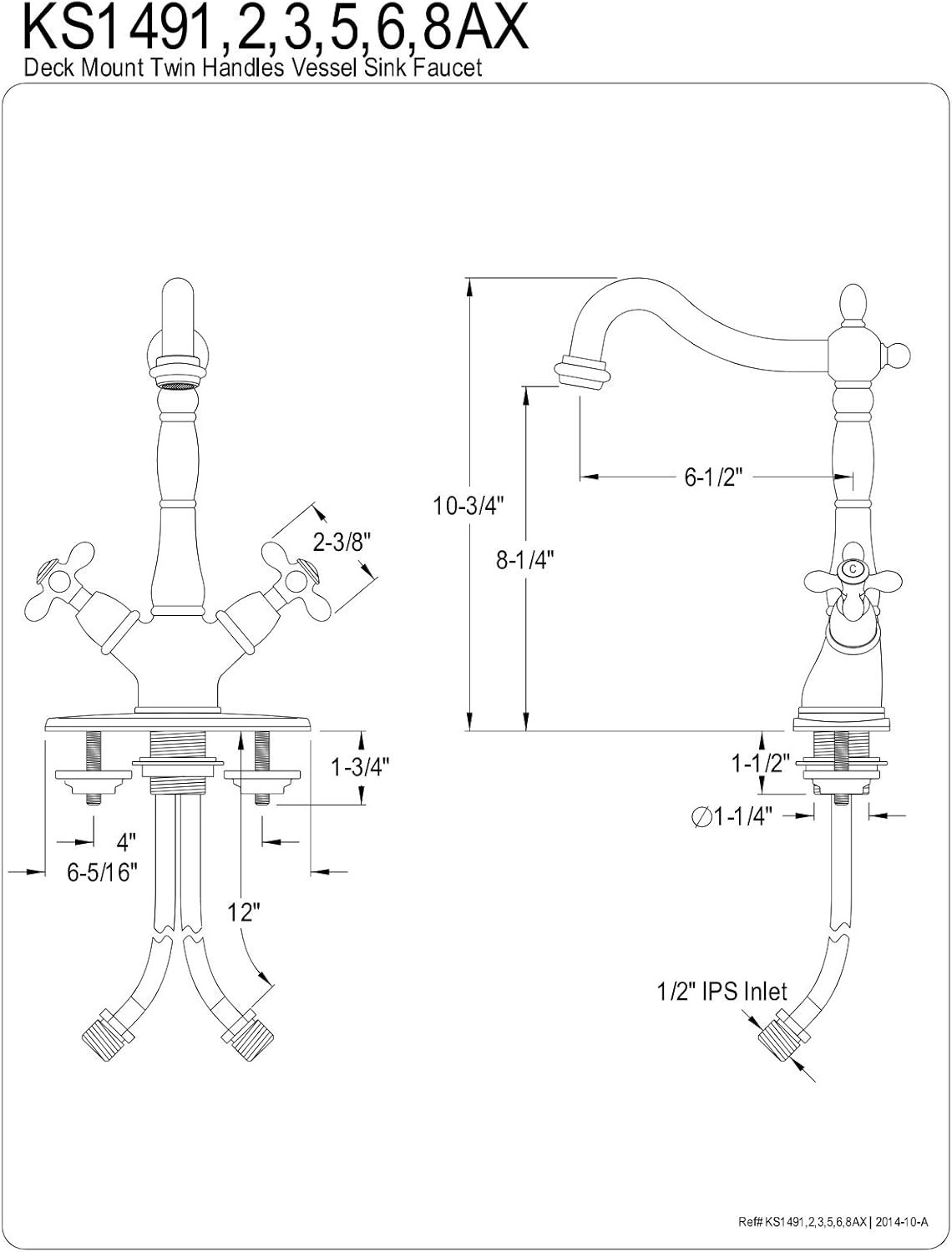 Elements of Design ES1498AX New Orleans 2-Handle 4" Centerset Lavatory Faucet with Optional Deck Plate, 6- 1/2", Brushed Nickel