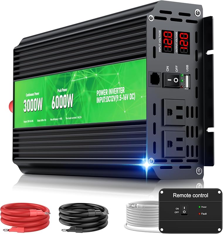 Inversor de corriente de 3000 W, convertidor de 12 V CC a 110 V/120 V CA, uso máximo de RV de 6000 W | Pantalla LCD y control remoto, salidas de CA duales, puerto USB de 3,4 A para vehículos recreativos, camiones, sistema solar, respaldo de emergencia, camping, fuera de la red