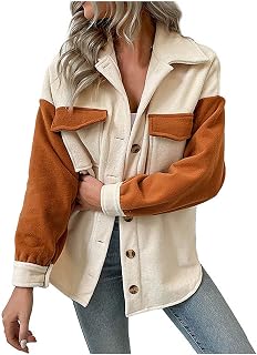 FunAloe Fleece Jacket Women Plus Size Ladies Plush Elegant Overcoat Color Block Lapel Jacket Button Down Long Sleeve Fluffy Cozy Loose Fit Winter Warm Coat Fall Winter Sport Jacket