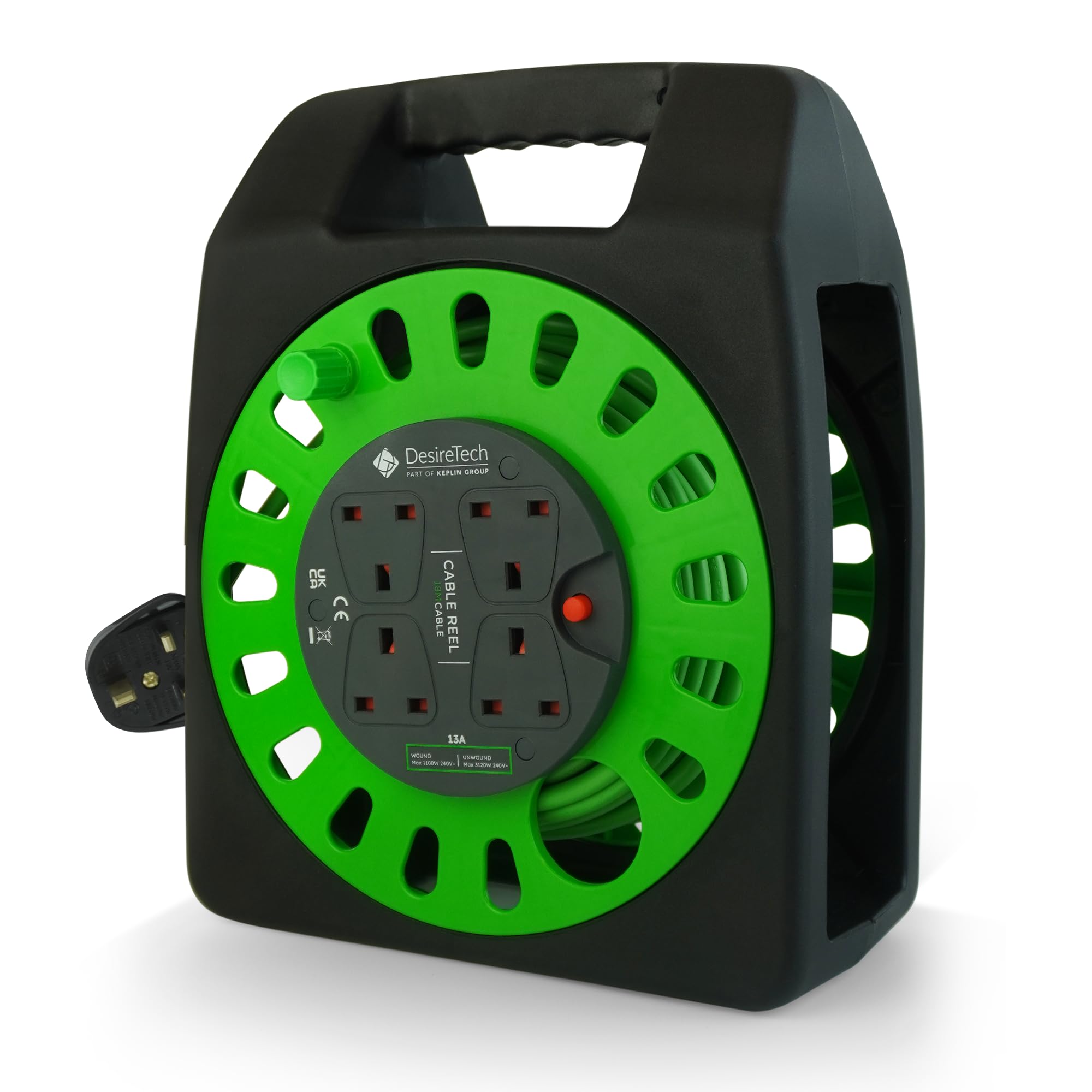 Desiretech - Cable de extensión portátil de 18 Metros - 4 enchufes obturados, Corte térmico, Mango ergonómico, Verde/Negro - Cable de extensión Resistente para Uso en Interiores (18 Metros)