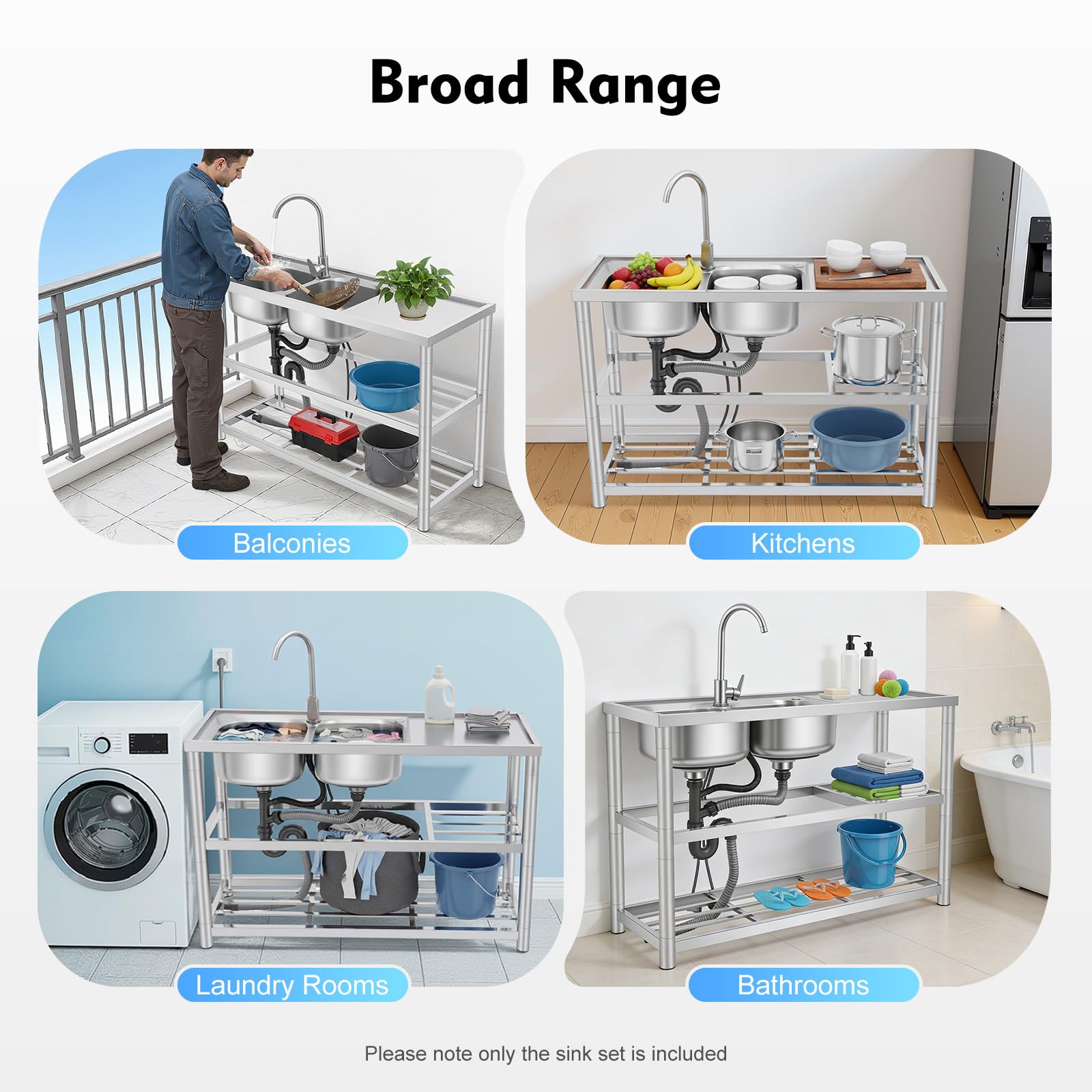 Lavello da cucina in acciaio inox 2 vasche 3 livelli, freestanding lavandino in acciaio inox, doppio lavello da cucina con rubinetto caldo e freddo, Lavabo commerciale indipendente, 120 x 45