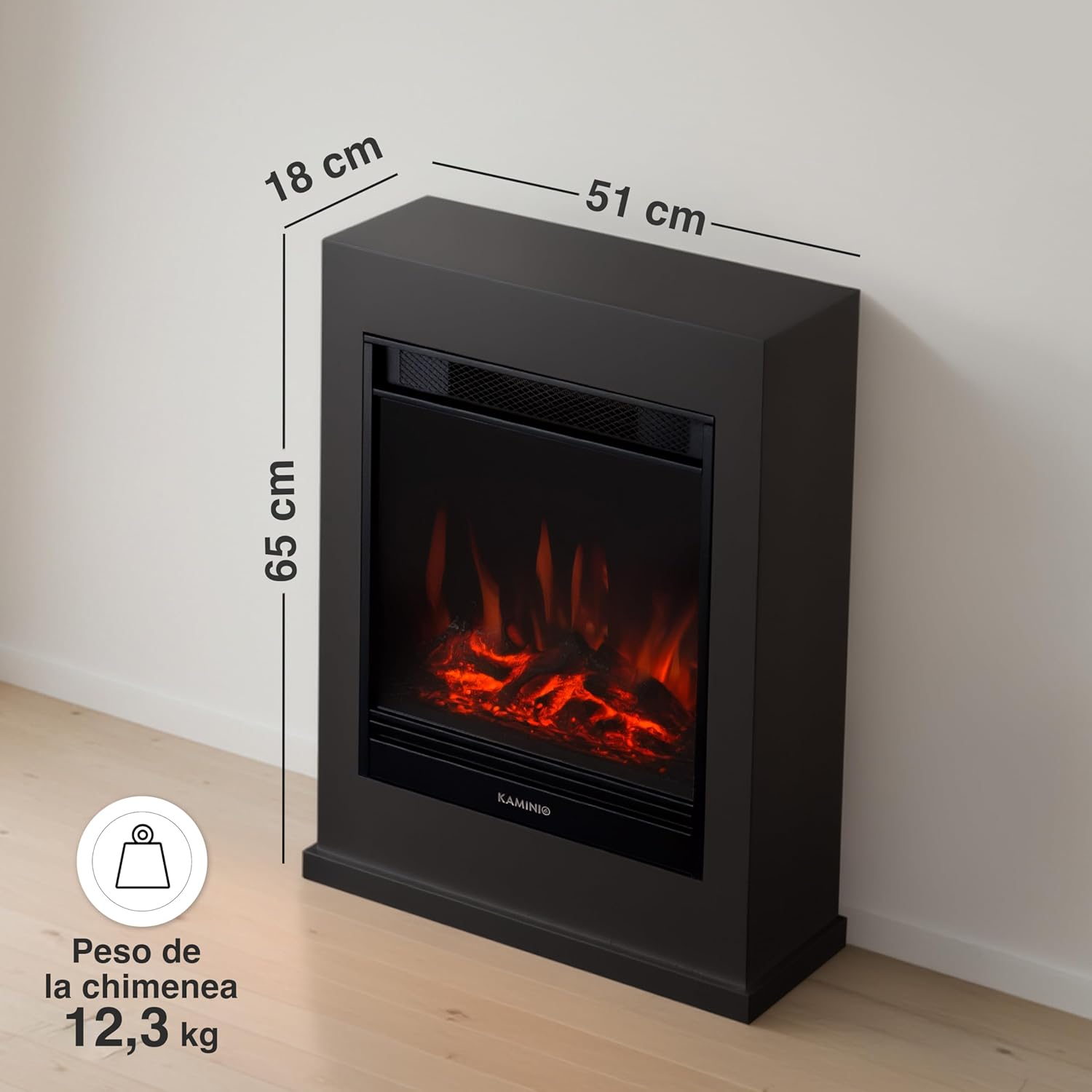 Dimensions of the KAMINIO Kalle Electric Fireplace: 18 cm depth, 51 cm width, 65 cm height, and 12.3 kg weight.