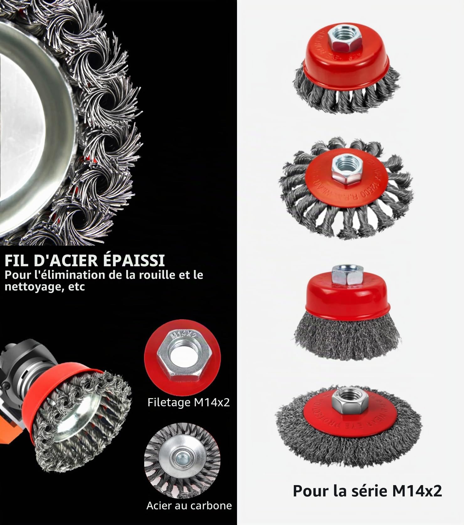 Lot de 8 brosse metallique meuleuse m14 pour meuleuses d'angle, brosse metallique disqueuse m14,80 mm et brosse métallique flexible 120 mm, pour rouiller, polir, meuler