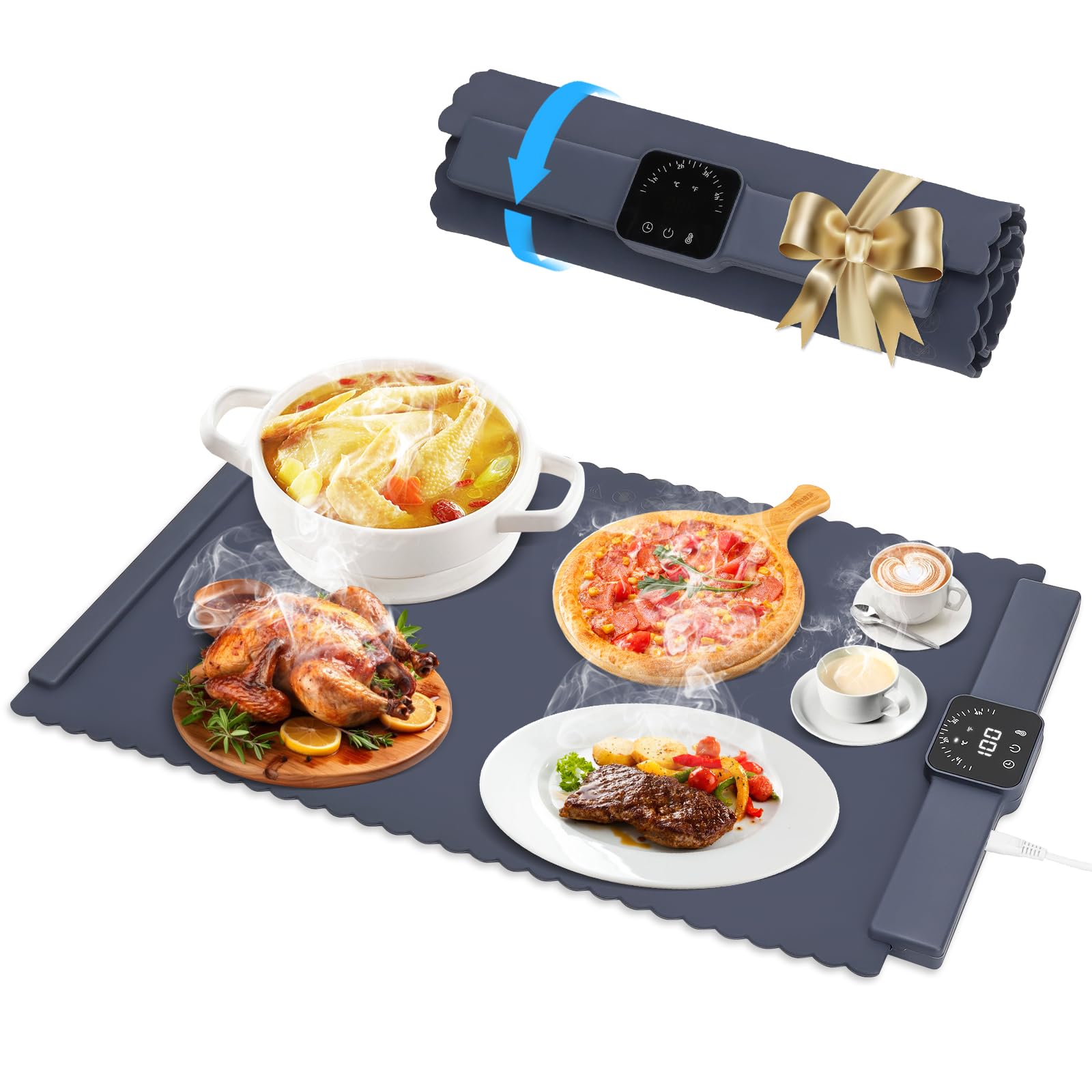 Chauffe Plat Électrique, Plaque Chauffante avec Température Réglable 60°C - 100°C et Minuteur de 4 Heures, Pliable Silicone Chauffe Assiette à Réchaud pour Bithday, Mariage, Fêtes et Buffets Banquet