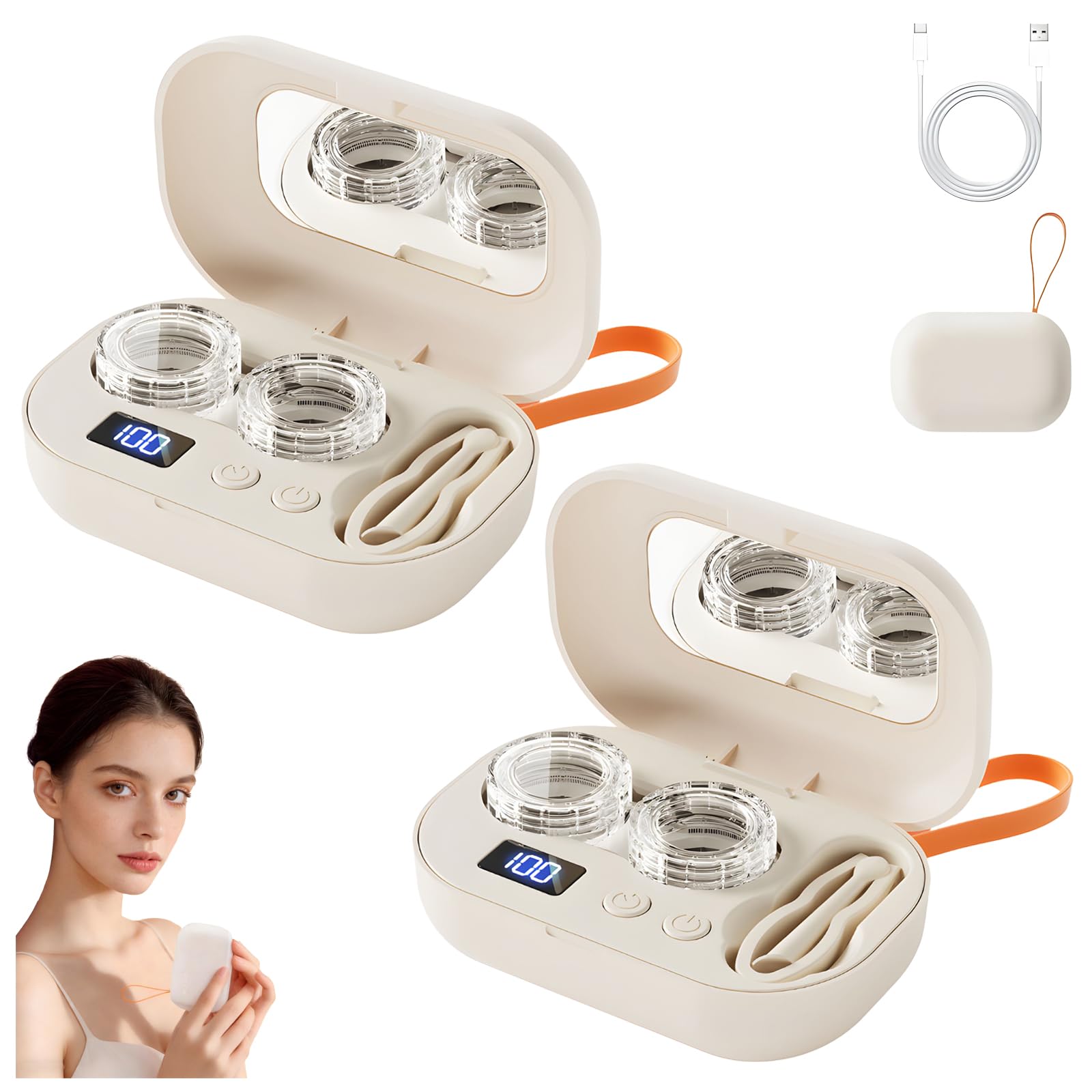 Limpiador ultrasónico recargable de lentes de contacto, limpiador de contacto ocular con espejo de tocador, dispositivo de cuidado multifuncional recargable con dos modos de limpieza, para el hogar