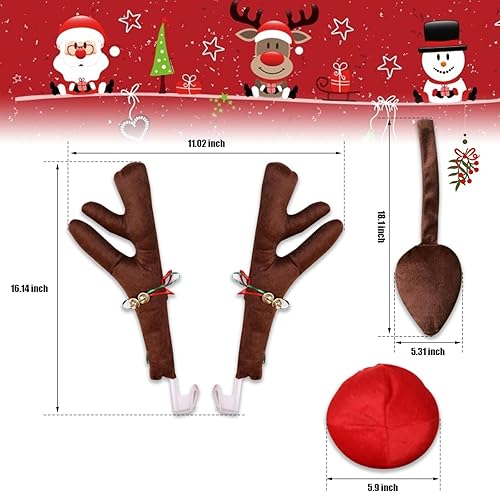 Miniatura 8 de Ajxn 3 piezas de decoración de cuernos de automóvil, cuernos de alce, bonitos adornos de Navidad de tela suave con cascabeles, juego de nariz roja,