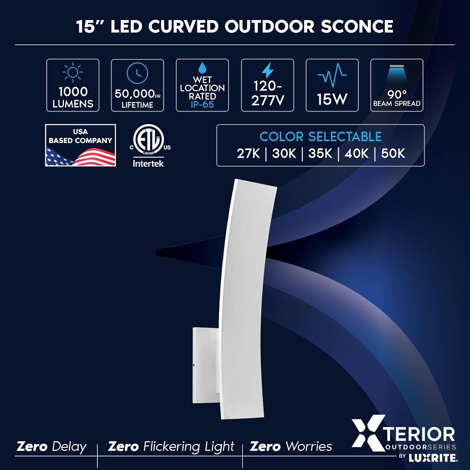 LUXRITE 15-Inch LED Curved Outdoor Wall Sconce, 5CCT Selectable 2700K–5000K, 1000 Lumens, 15W, IP65 Waterproof, CRI 90, 90° Beam Angle, Exterior Light Fixture, ETL Listed, White