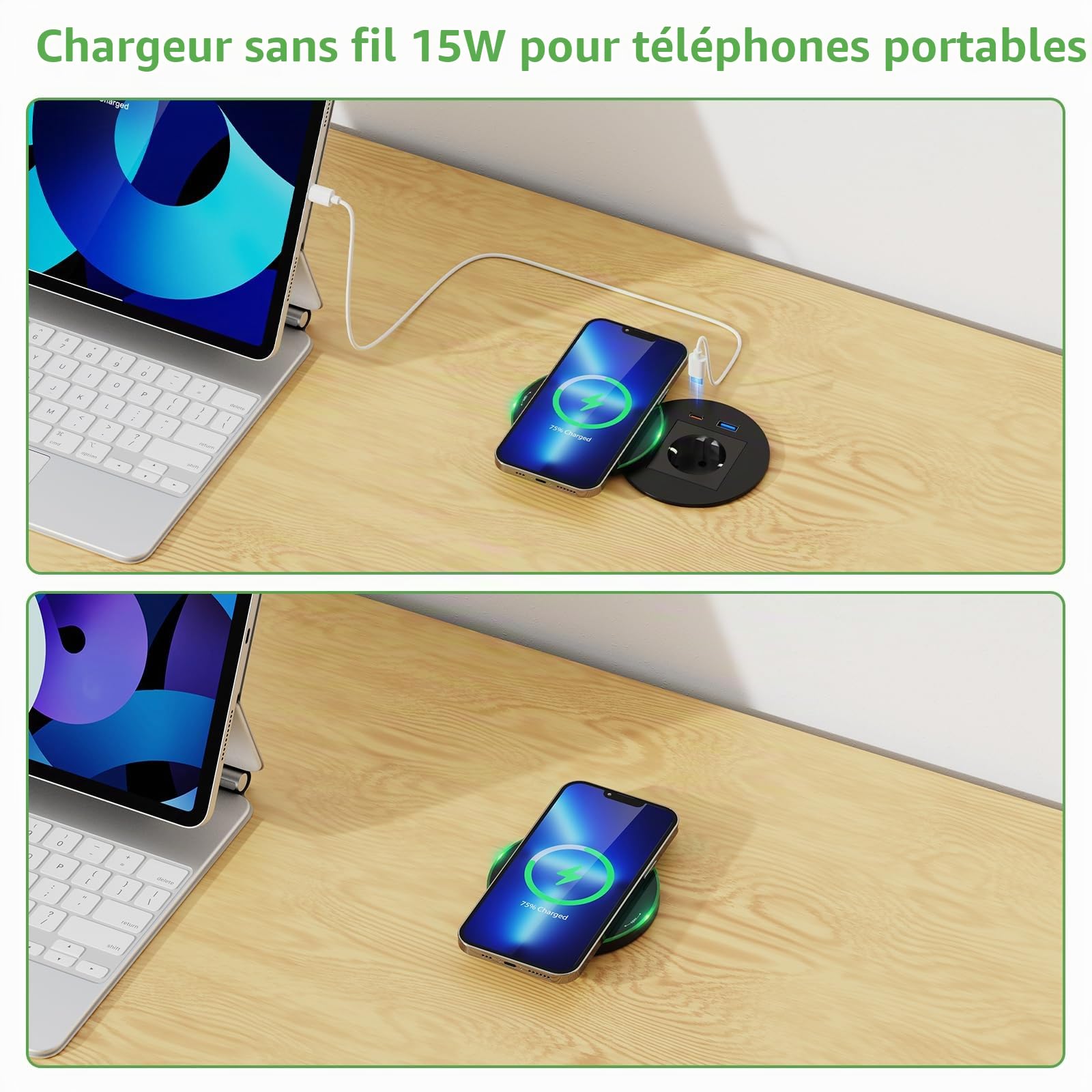Multiprise Encastrable USB C PD 30W avec Chargeur sans Fil 15W, Prise Encastrable Plan de Travail USB C, Bloc Prise Escamotable pour Meubles, Cuisine, Bureau 2M Câble, Diamètre 80mm, Noir