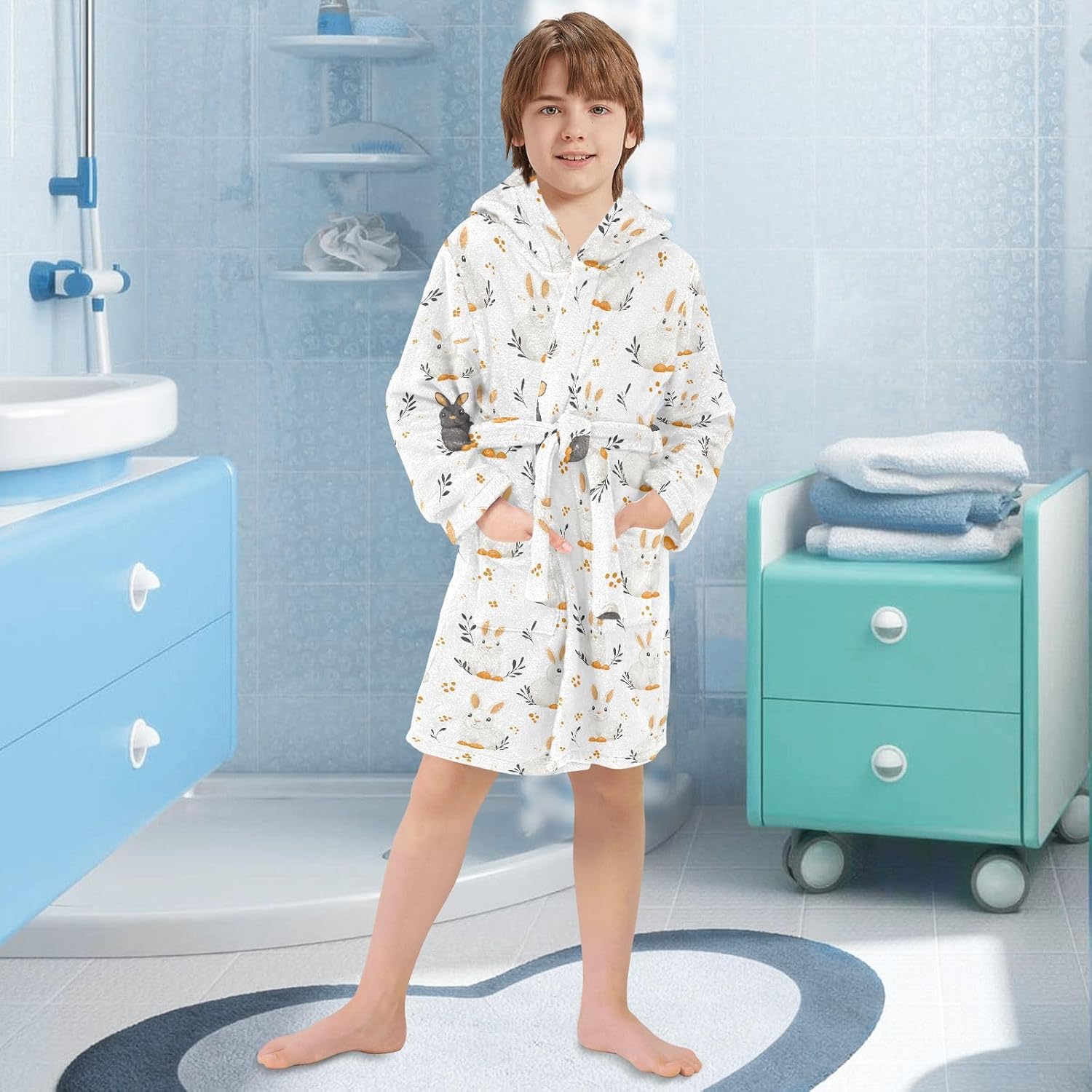 senya Wihte Rabbit Cute A Toddler Hooded Bathrobe Kids Soft Plush Bath Towel Robes for Boys Girls 2-12 Years