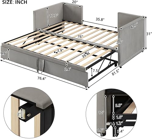 Miniatura 11 de Sofá cama tapizado de tamaño individual con nido desplegable, sofá cama extensible de terciopelo con respaldo copetudo, marco de sofá cama