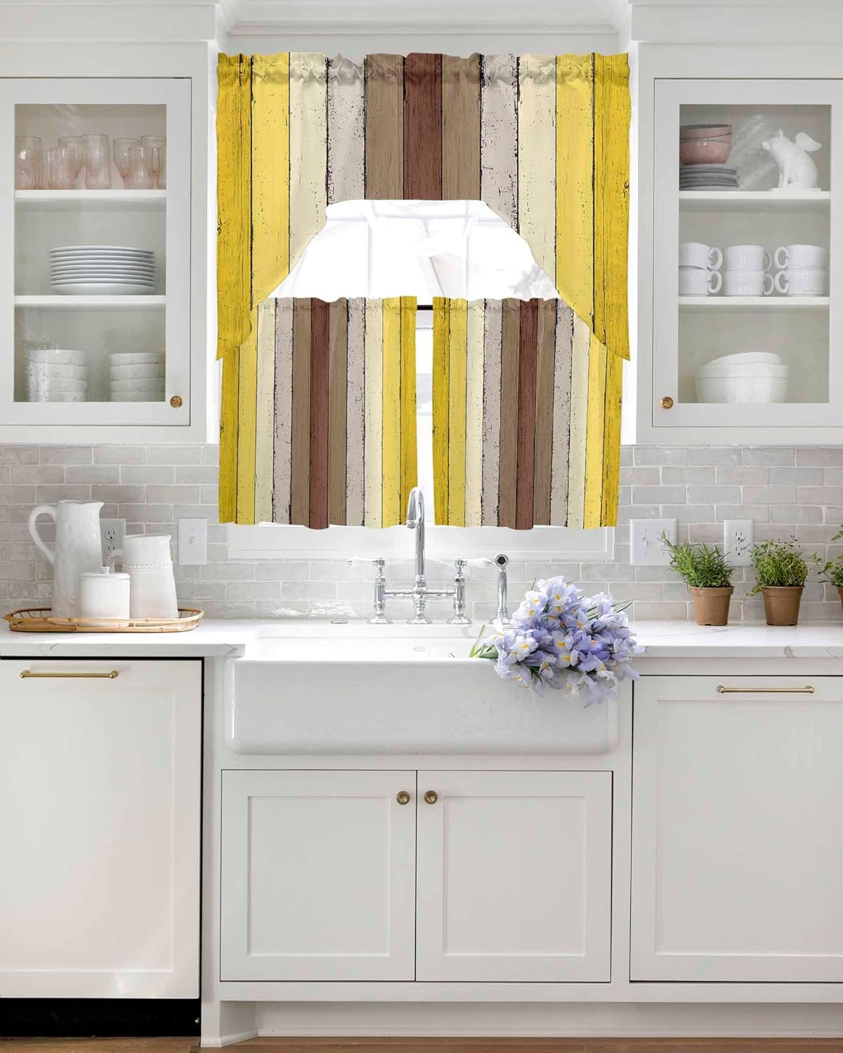 Yellow Brown Wooden Swag Kitchen Curtains Valance and Tier Set 24 Inch Length, Vintage Rustic Farmhouse Wood Plank Rod Pocket Swag Curtains for Living Room Bedroom Bathroom Window Drapes 3 Piece