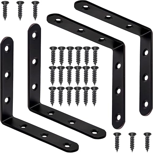 4 soportes de esquina negros en L de acero inoxidable de 4 x 4 pulgadas para madera, estantes, muebles, junta de soporte de 90 grados, soportes de