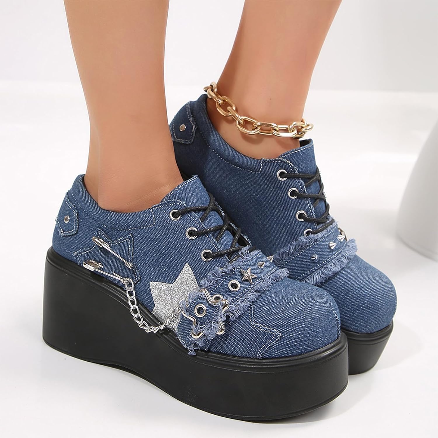 Women's Denim Low Top Wedge Gothic Ankle Boots Fashion Chain Round Toe Lace Up Platform Ankle Boots Rave Party Prom Punk Boots - Image 7
