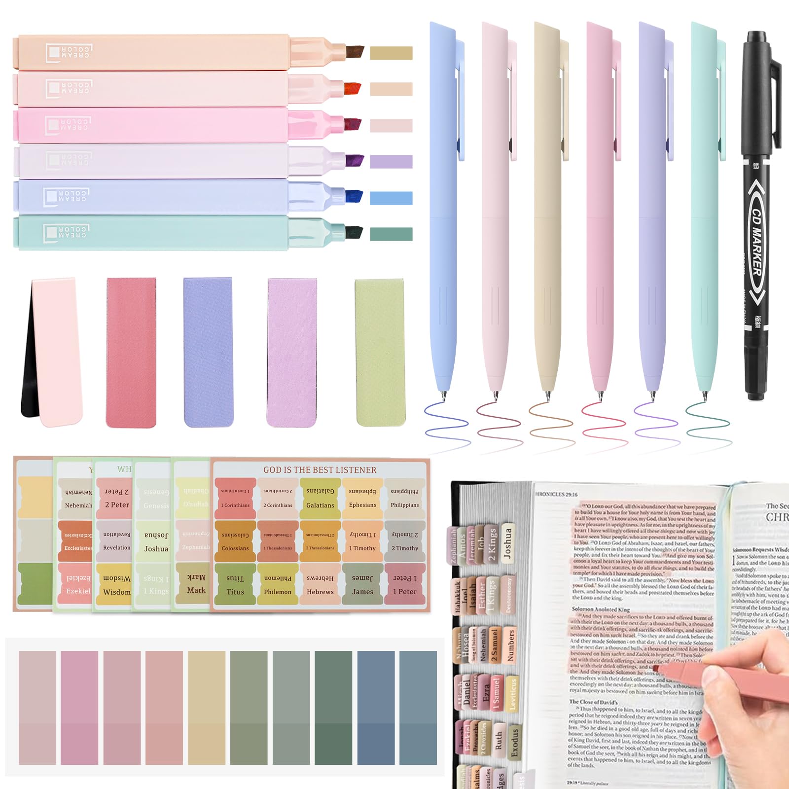 25Pcs Bible Journaling Kit, 6 Bible Highlighters, 6 Smooth Writing Pens, 90 Bible Tabs, Magnetic Bookmarks, Sticky Notes, Bible Study Supplies, Bible Study Kit for Women