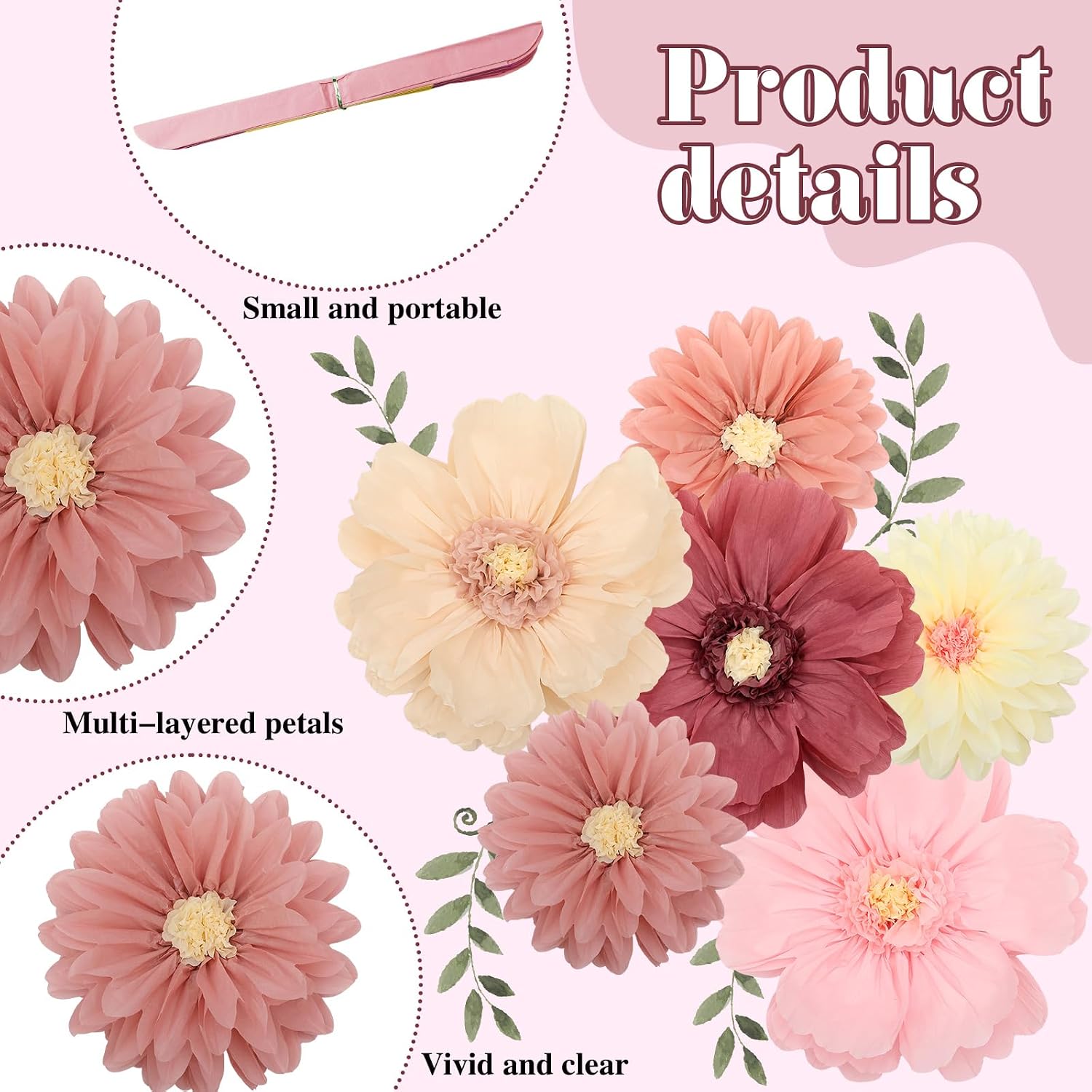 Lerheedi 6 Pcs Rose Color 31.5" 20" Giant Tissue Paper Flowers Decor