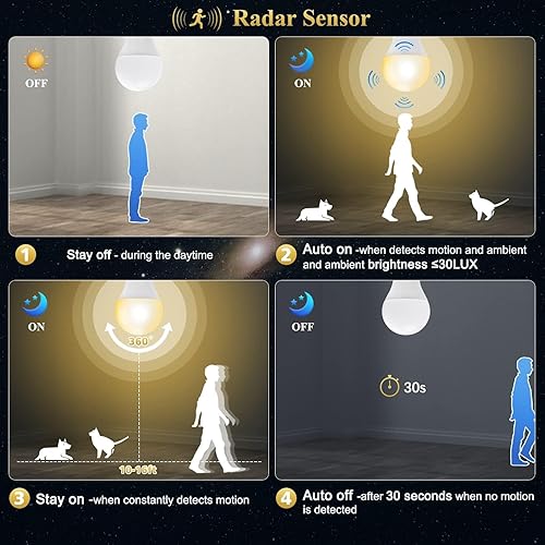 Miniatura 2 de DiCUNO Bombilla con sensor de movimiento radar para exteriores, 12 W (equivalente a 100 W), bombilla con sensor de movimiento A19, encendido y