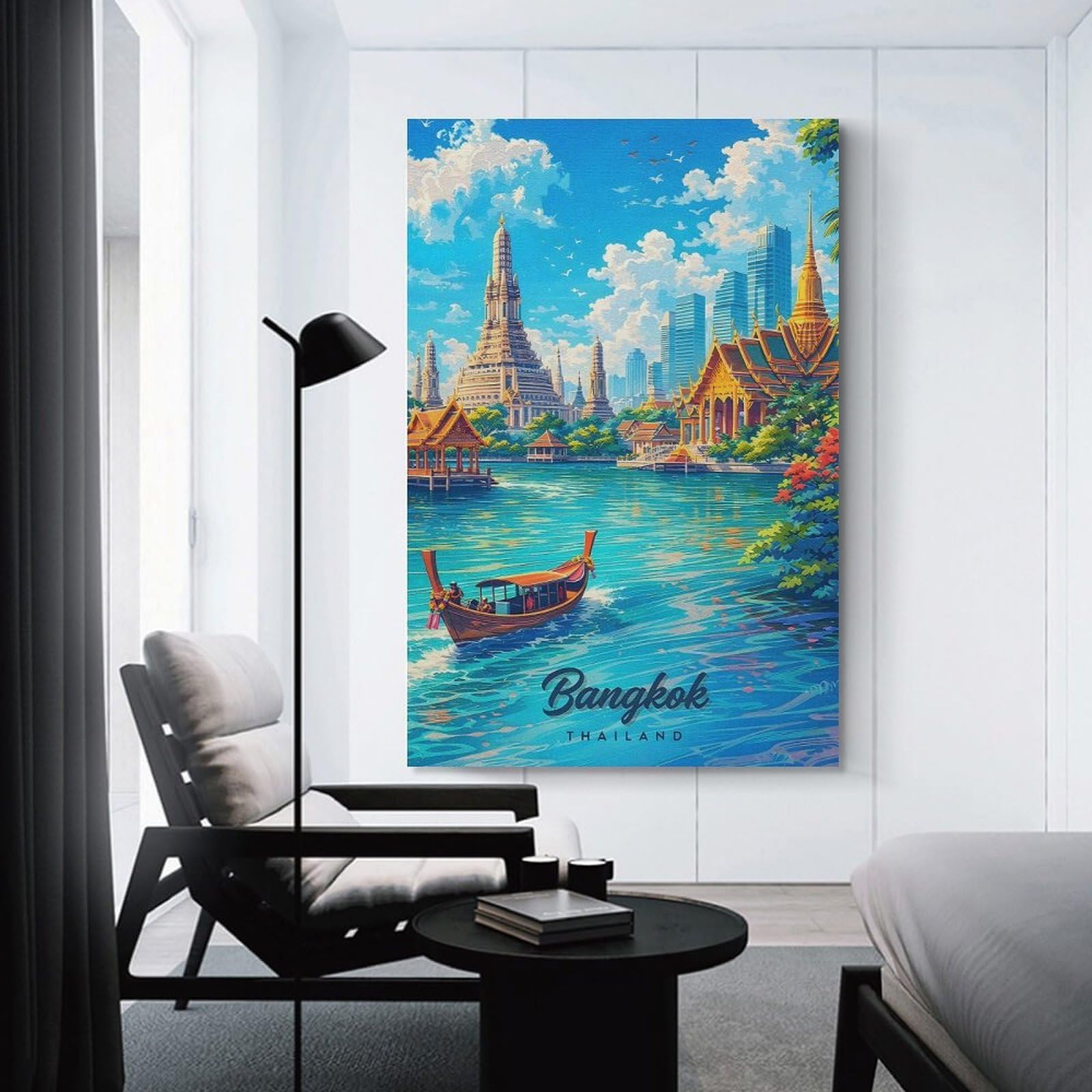 Junmoney Canvas Wall Decor Bangkok Thailand River Scene, 24x36inch(60x90cm), for Living Room, Bedroom Or Apartment Walls, A Home Accent with Warm Character